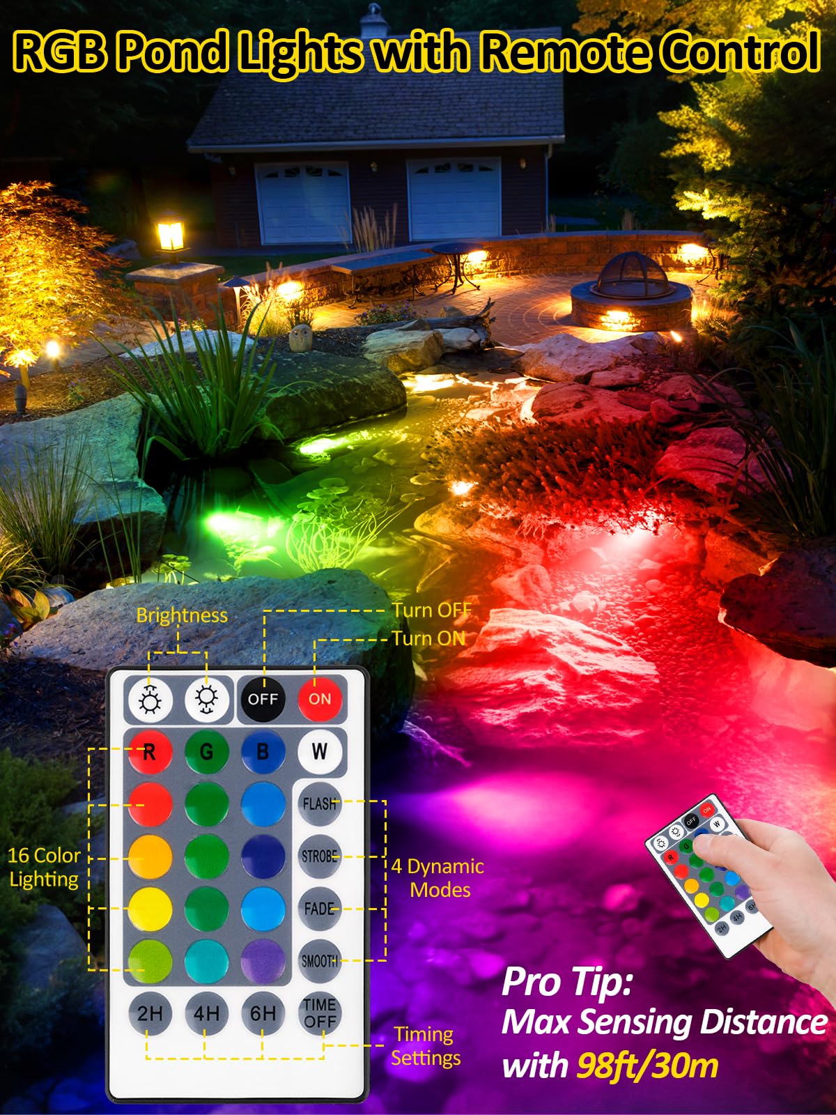 T-SUN 3-Head LED Underwater Pond Lights with Timer & Remote Control - IP68 Waterproof Submersible Fountain Lights for Fish Tank, Aquarium, Waterfall, Yard & Landscape Lighting - Perfect for Outdoor Water Features, Garden Decor & Pool Accent Lighting