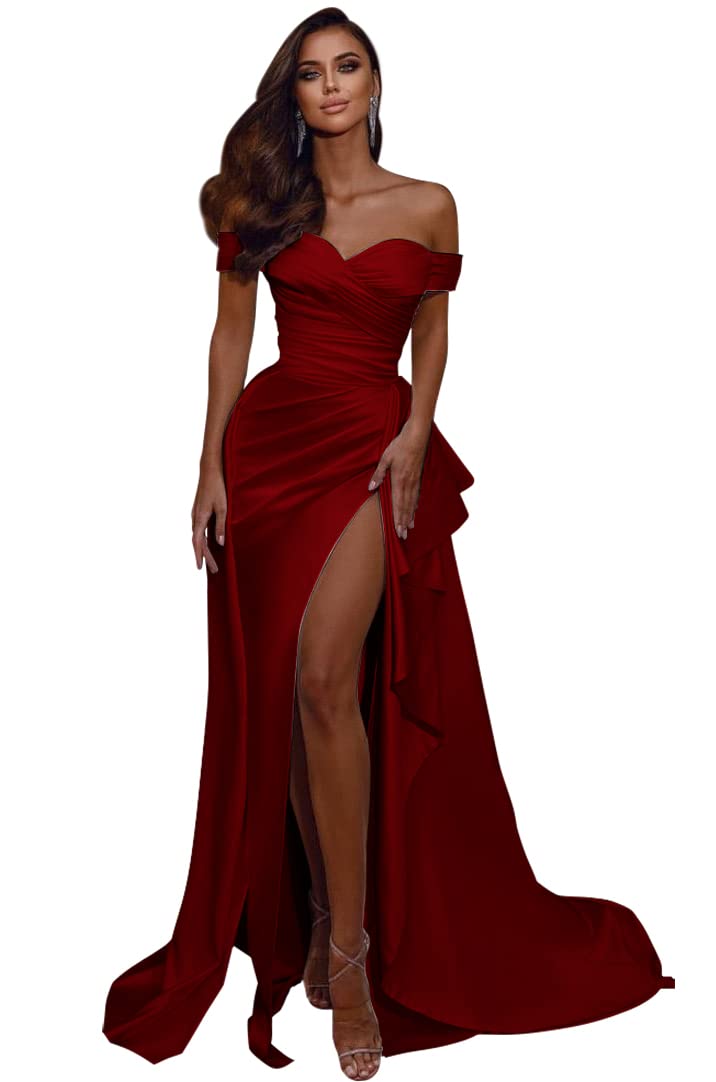 Elegant Off Shoulder Prom Dresses 2024 - Mermaid Slit Formal Evening Gowns for Women | Satin Wedding & Party Dresses | Perfect for Homecoming, Prom Night, Cocktail Parties & Special Occasions