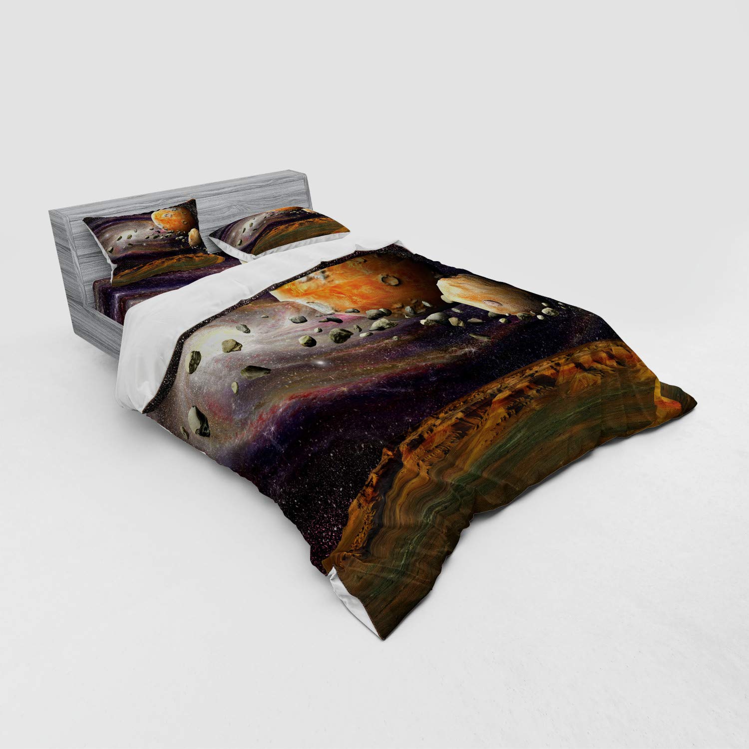 Ambesonne Galaxy Bedding Set - Queen Size 4-Piece Duvet Cover Set with Shams & Fitted Sheet, Universe Outer Space Design with Planets, Stars & Deep Sky Objects in Green Purple Yellow White - Perfect for Astronomy Lovers & Space Themed Bedrooms