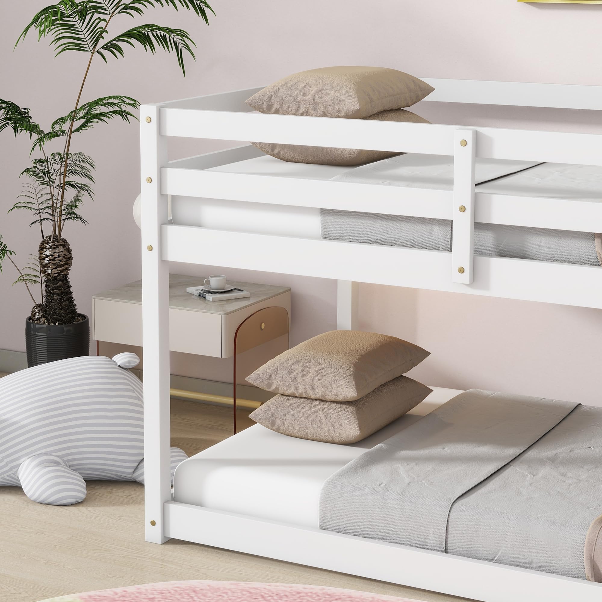 Low Twin Over Twin Bunk Bed Frame - Sturdy Wooden Junior Loft Bed for Kids, Boys & Girls with Safety Rails - Perfect for Small Rooms, Sleepovers & Kids' Bedrooms (White)