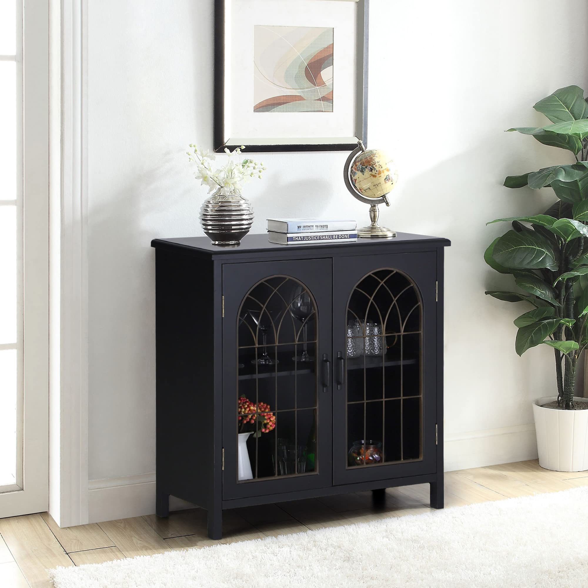 Sophia & William Sideboard Buffet Cabinet - Modern Accent Storage with Metal Church Window Doors for Kitchen, Dining Room & Entryway - Dark Grey Finish | Perfect for Home Decor, Entertaining & Organization