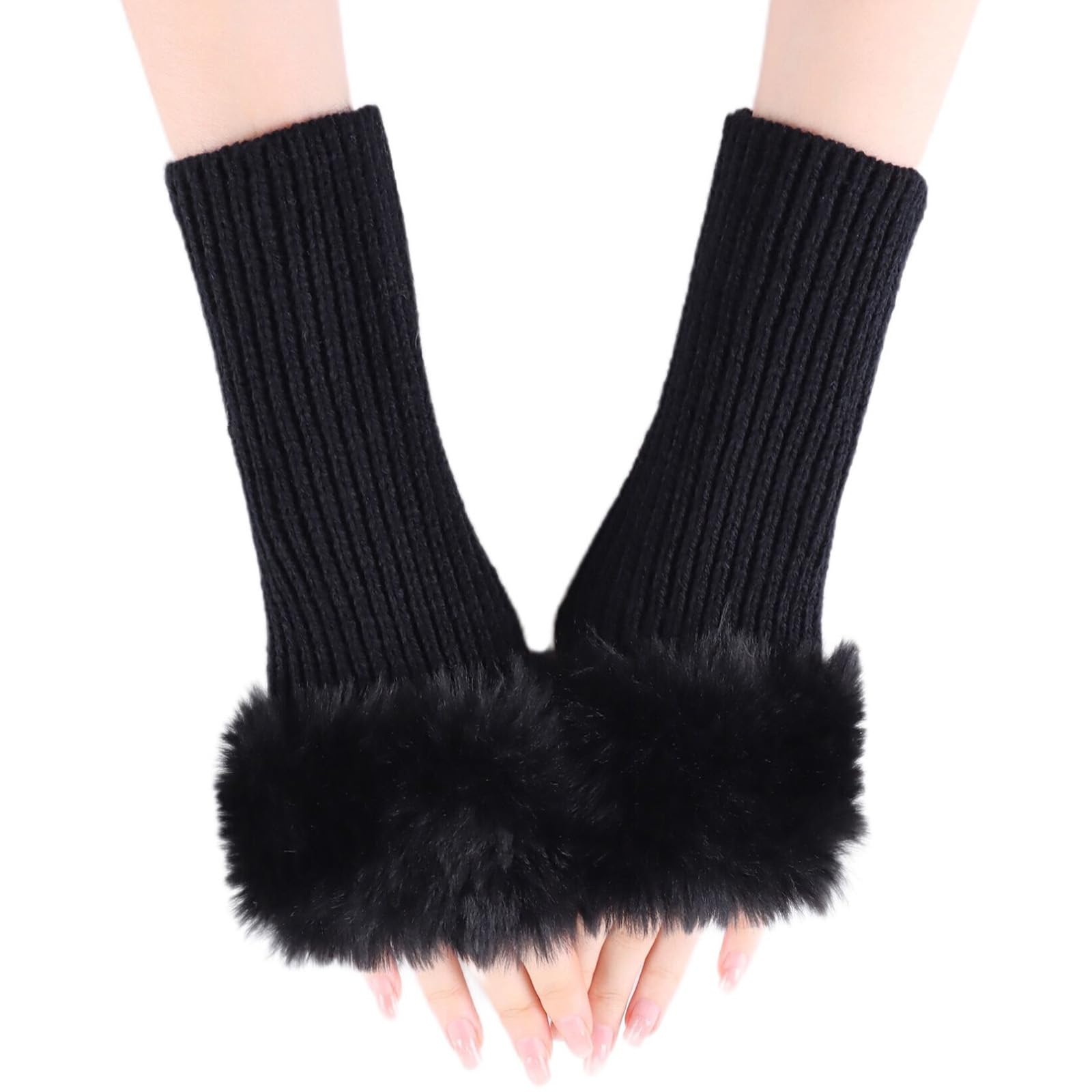 Warm Knitted Fingerless Gloves for Women - Winter Arm Warmers with Thumb Hole & Faux Fur Cuff - Cozy Hand Mittens for Office, Driving & Outdoor Activities