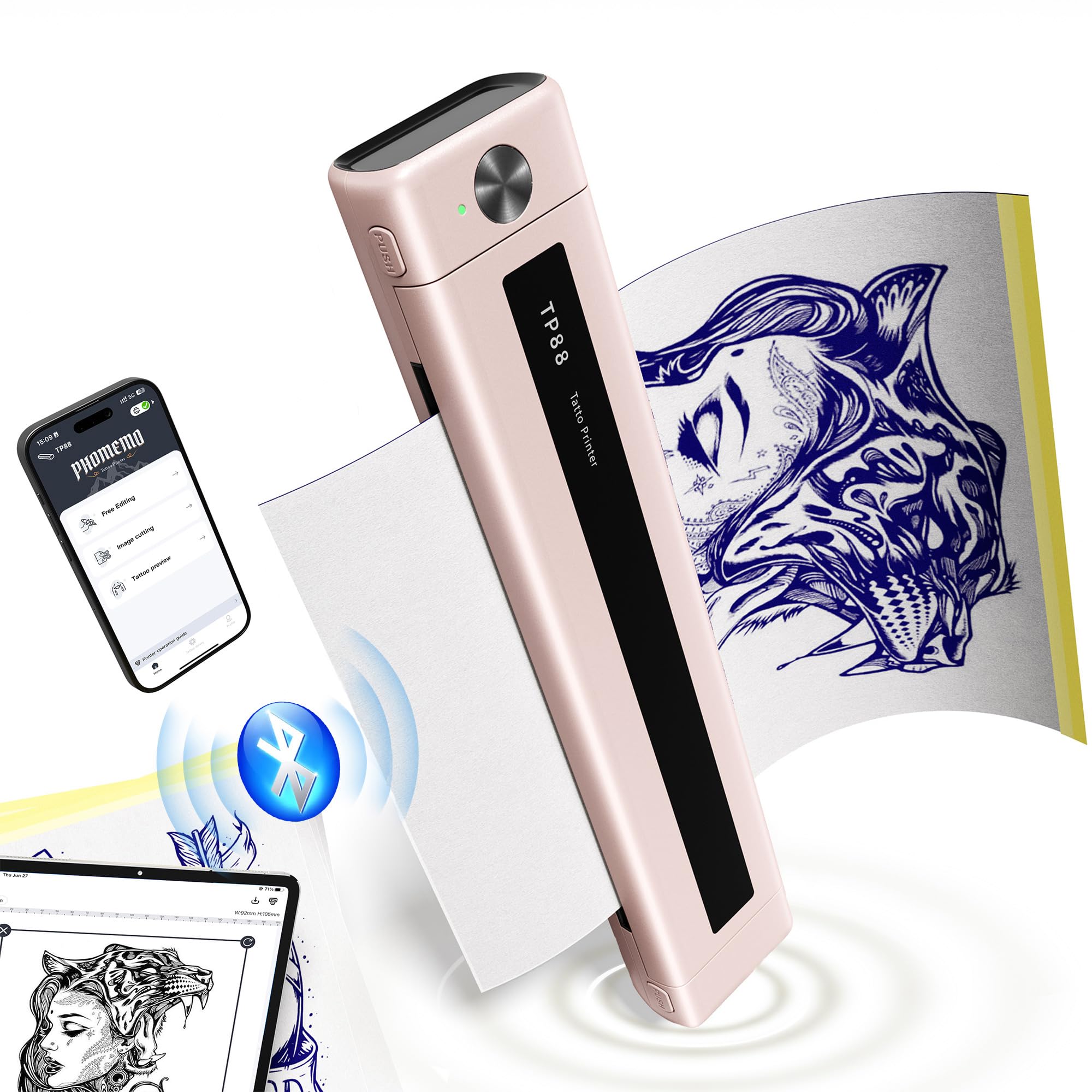 Upgraded Bluetooth Thermal Tattoo Stencil Printer Machine - Wireless Tattoo Transfer Printer for Artists, Compatible with Smartphone Tablet PC - Includes 10 Stencil Papers - Perfect for Professional Tattoo Studios & Home Artists