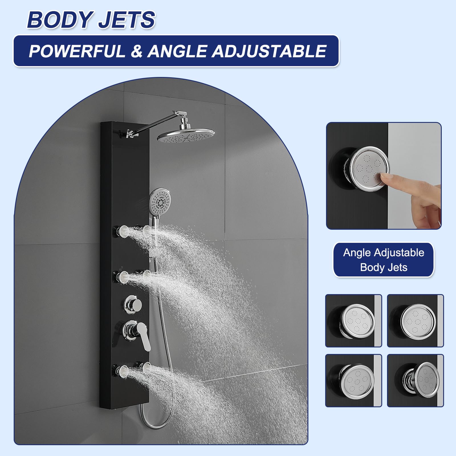 ROVATE 6-Jet Stainless Steel Shower Panel System with Rainfall Shower Head & Handheld Spray - Black Wall Mounted Shower Column for Spa-Like Bathroom Experience - Perfect for Master Bath, Luxury Home & Hotel Renovations