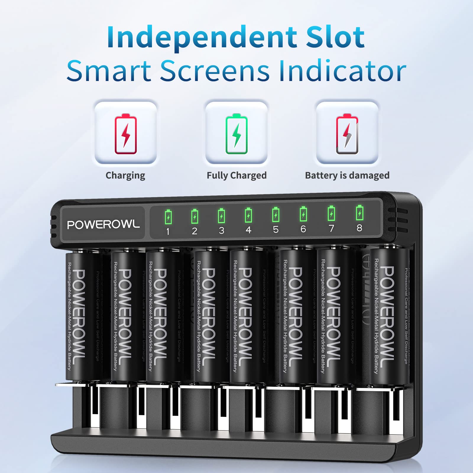 POWEROWL 8Pcs AA Rechargeable Batteries with Charger - Universal Fast Charging for AA AAA C D Batteries, USB-C & Micro USB Ports - Perfect for Cameras, Toys, Flashlights & Electronics
