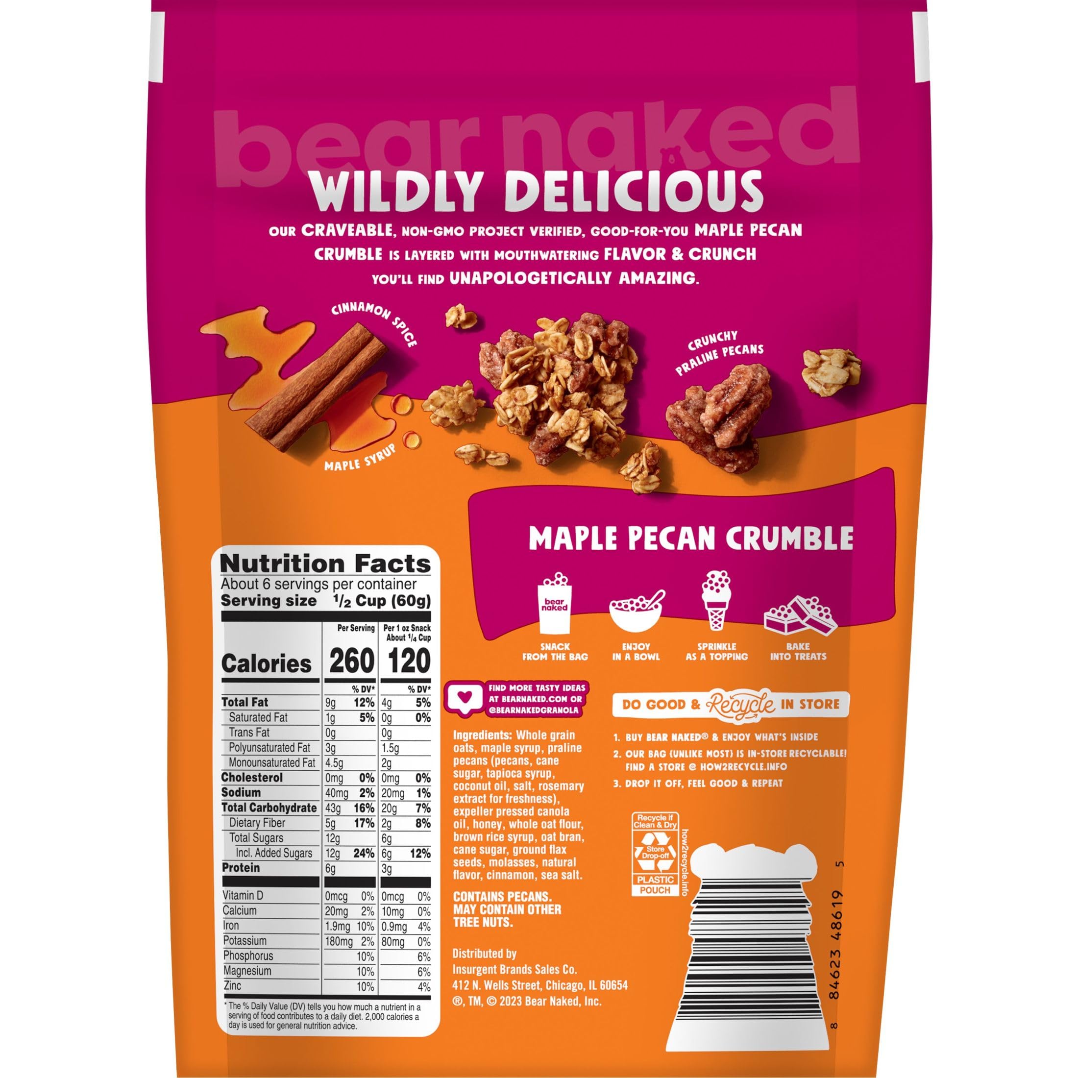Bear Naked Granola Cereal - Whole Grain Granola Breakfast Snacks with Maple Pecan Crumble - 12oz Resealable Bag - Perfect for Healthy Breakfast, On-the-Go Snacking & Yogurt Topping