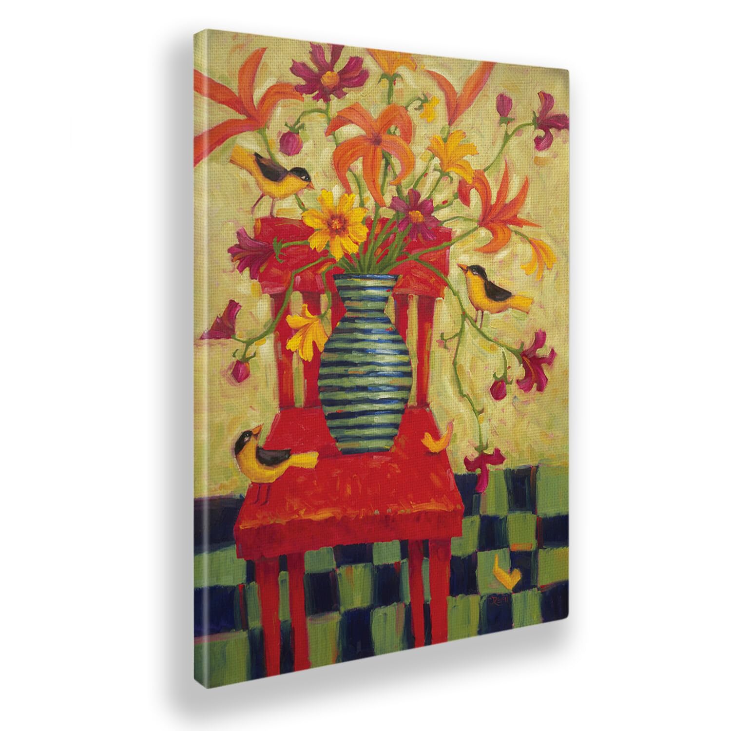 Giallobus - Cindy Revell Painting - Red Chair Flower Vase Canvas Art - 70x100cm Standard Frame - Ready to Hang - Modern Home Wall Decor for Living Room, Bedroom & Office