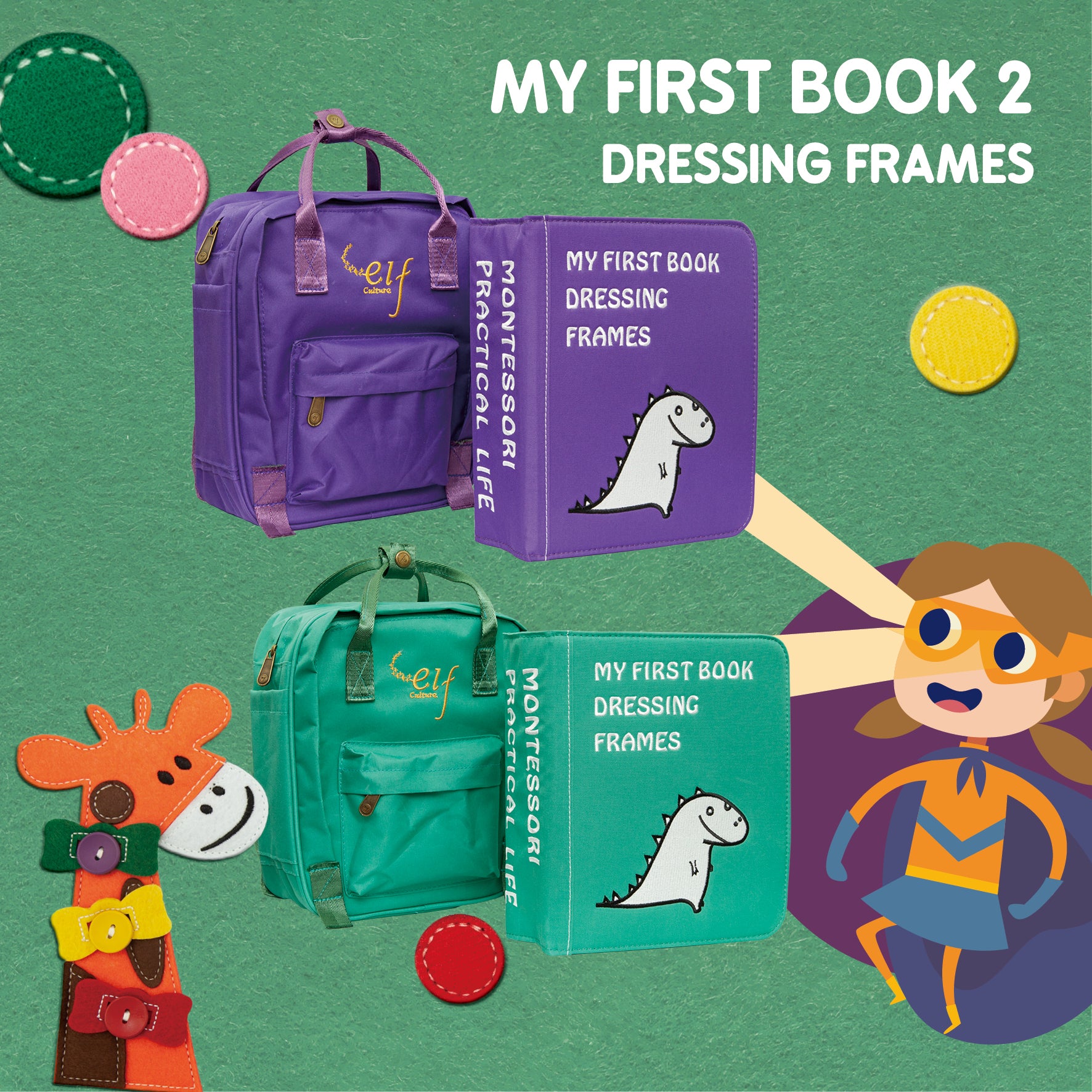 My First Book 2 - Montessori Dressing Frames for Toddlers Age 3+ | Preschool Learning Toys for Fine Motor Skills Development | Perfect for Homeschooling & Early Childhood Education