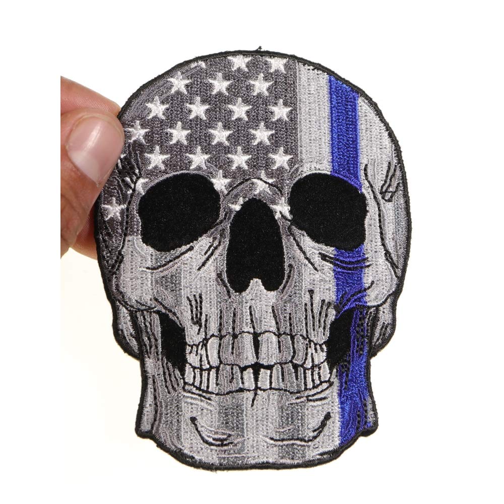 Blue Stripe American Flag Skull Police Patch - Embroidered Badge for Law Enforcement, Biker Vest & Military Uniform | Tactical Gear Accessory for Jackets, Hats & Backpacks