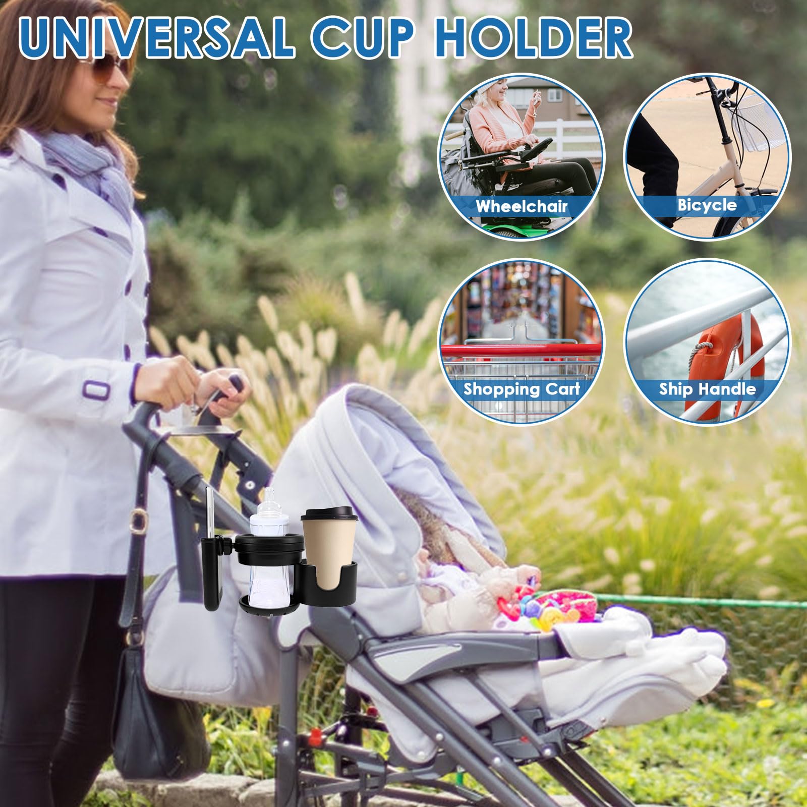 Universal Baby Stroller Cup Holder with Phone Pocket - Retractable, Non-Slip Stroller & Bike Drink Holder - Black Stroller Organizer Accessories for Parents On-The-Go (Perfect for Walks, Jogging & Shopping Trips)