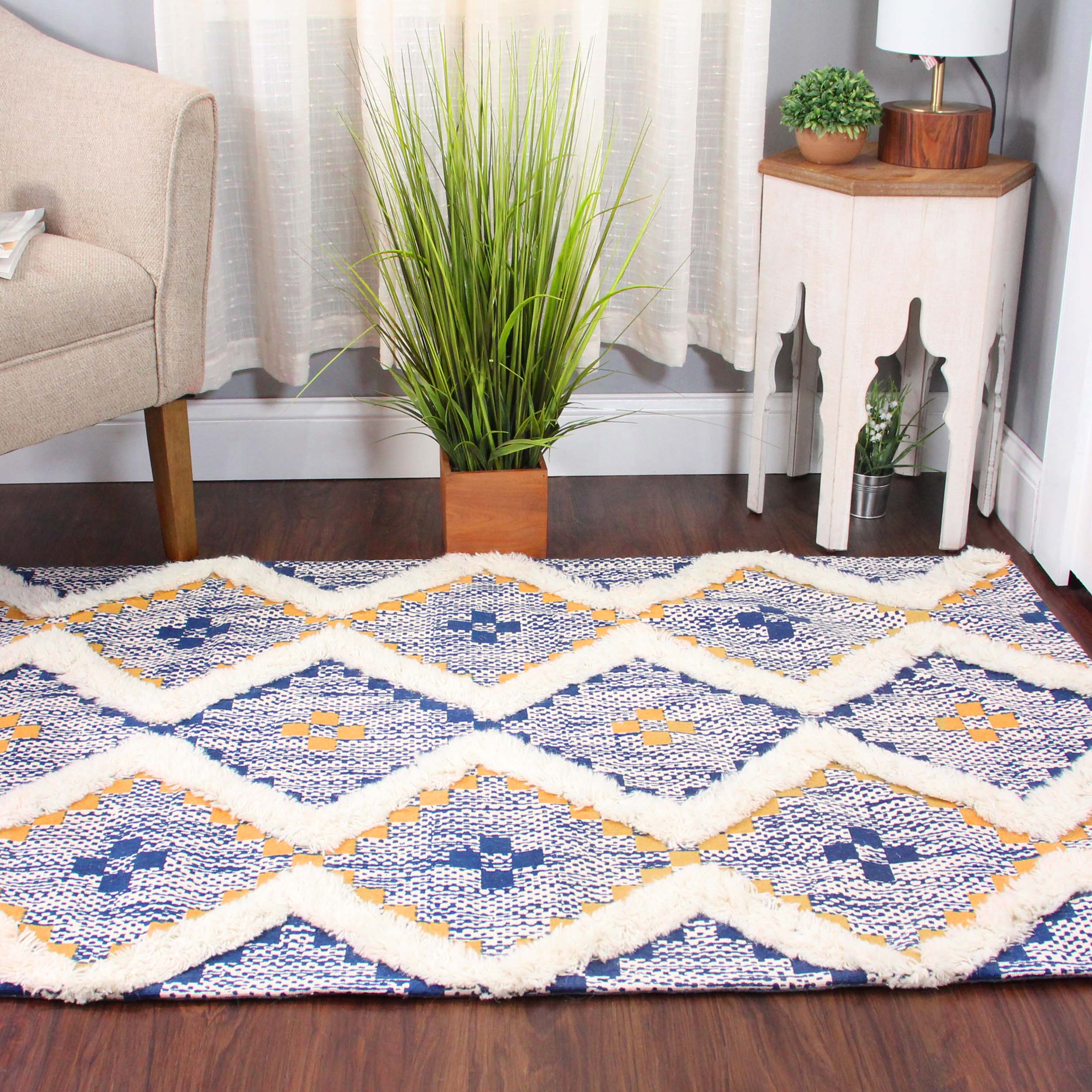 Hand Tufted Cotton Wool Geometric Farmhouse Area Rug - Soft Textured Boho Chic Rug for Living Room, Bedroom, Dining Room Decor