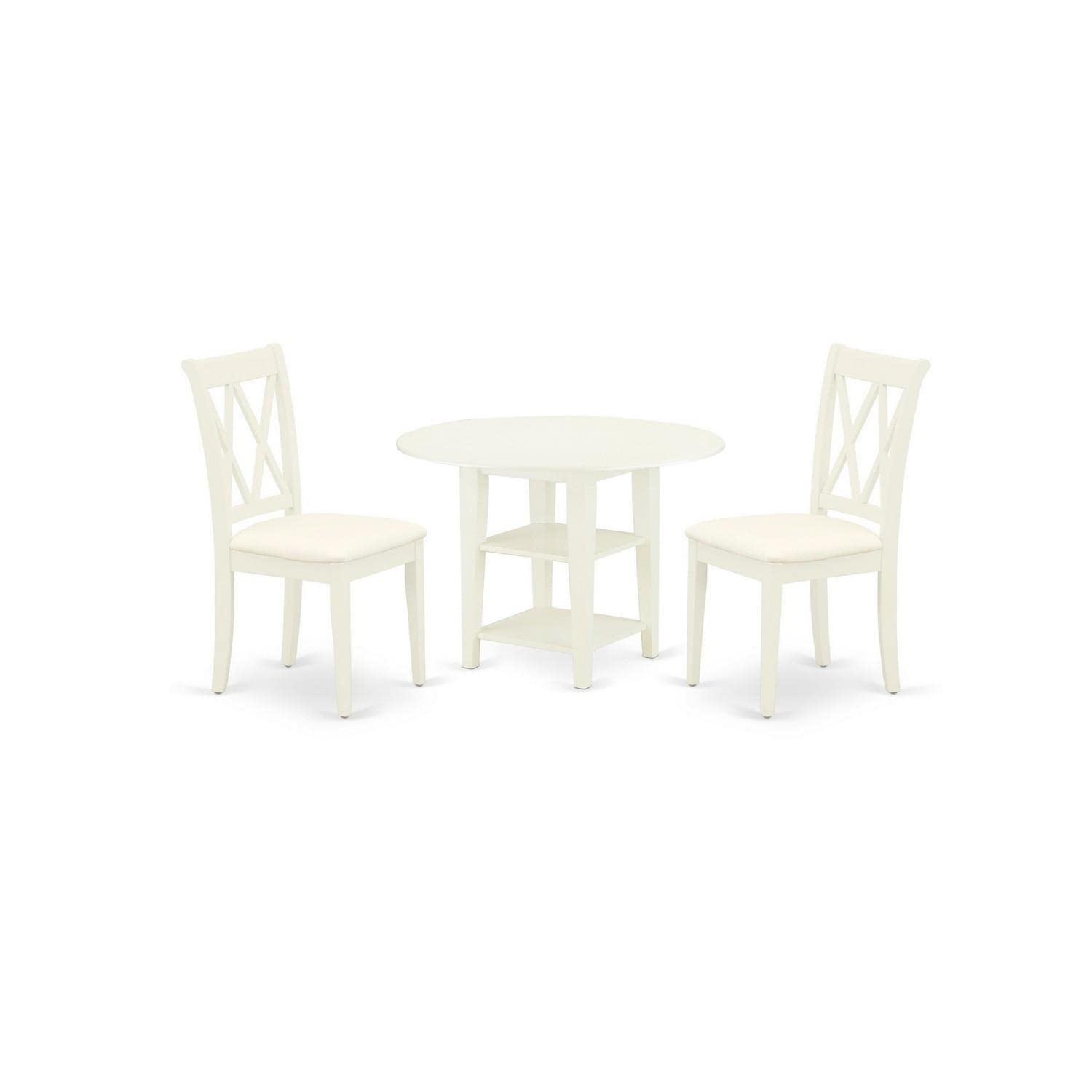 East West Furniture SUCL3-LWH-C 3-Piece Round Dining Table Set with Drop Leaf & Storage Shelves - 42x42 Inch Linen White - Includes 2 Upholstered Fabric Chairs - Perfect for Small Spaces, Apartments & Breakfast Nooks