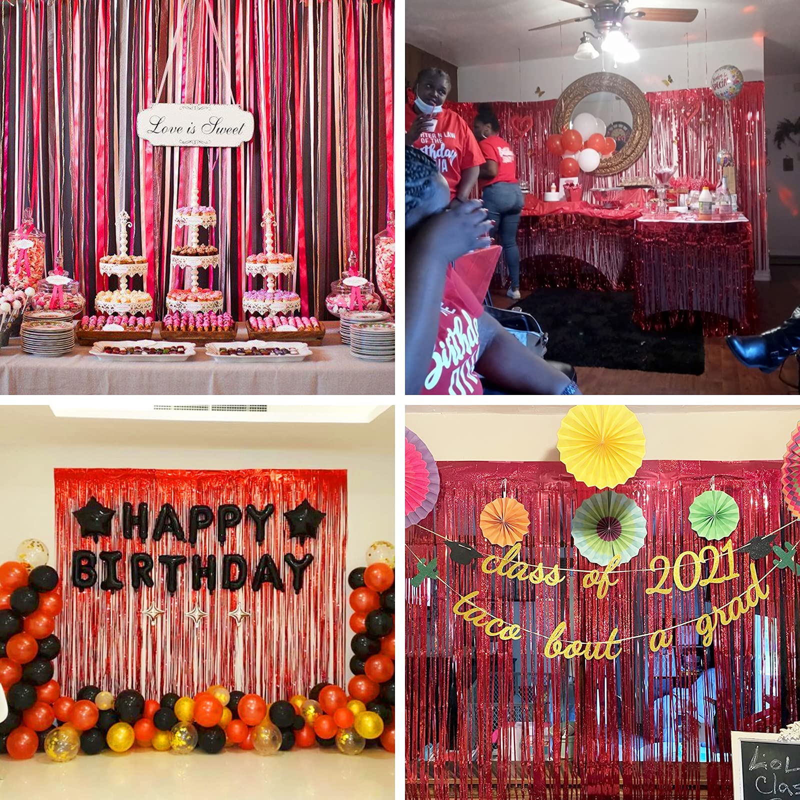 PartyWoo Red Foil Curtains - 2 Pack 3.3x6.6 ft Metallic Tinsel Streamers for Birthday Party Backdrop, Christmas Decorations & Door Shimmer - Perfect for Wedding, Baby Shower & New Year Party Decor