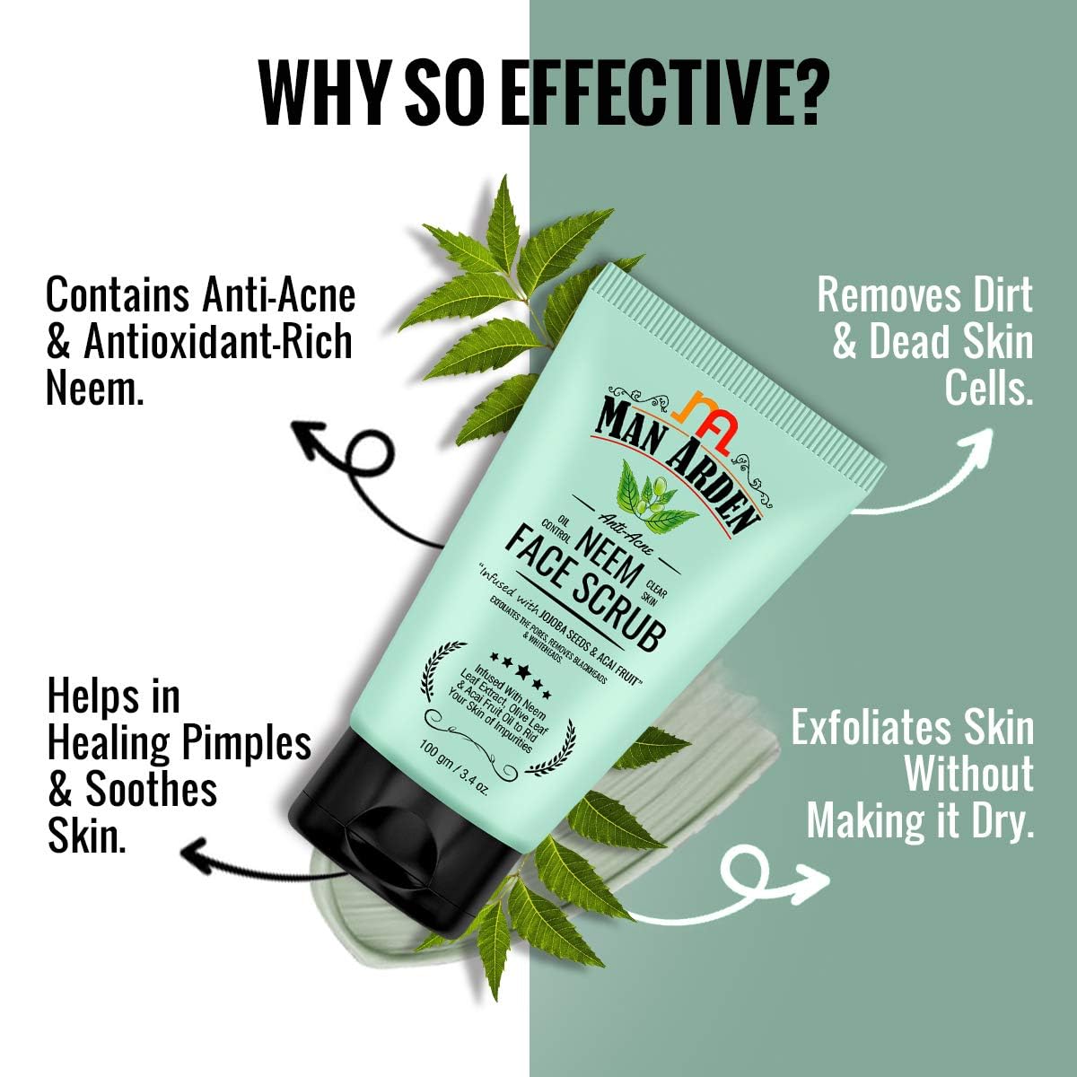 Man Arden Anti Acne Neem Face Scrub - Oil Control & Clear Skin Treatment with Jojoba Seeds, Neem Extract, Olive Leaf & Acai Fruit Oil - 100g Exfoliating Face Wash for Men - Perfect for Daily Skincare Routine & Acne-Prone Skin