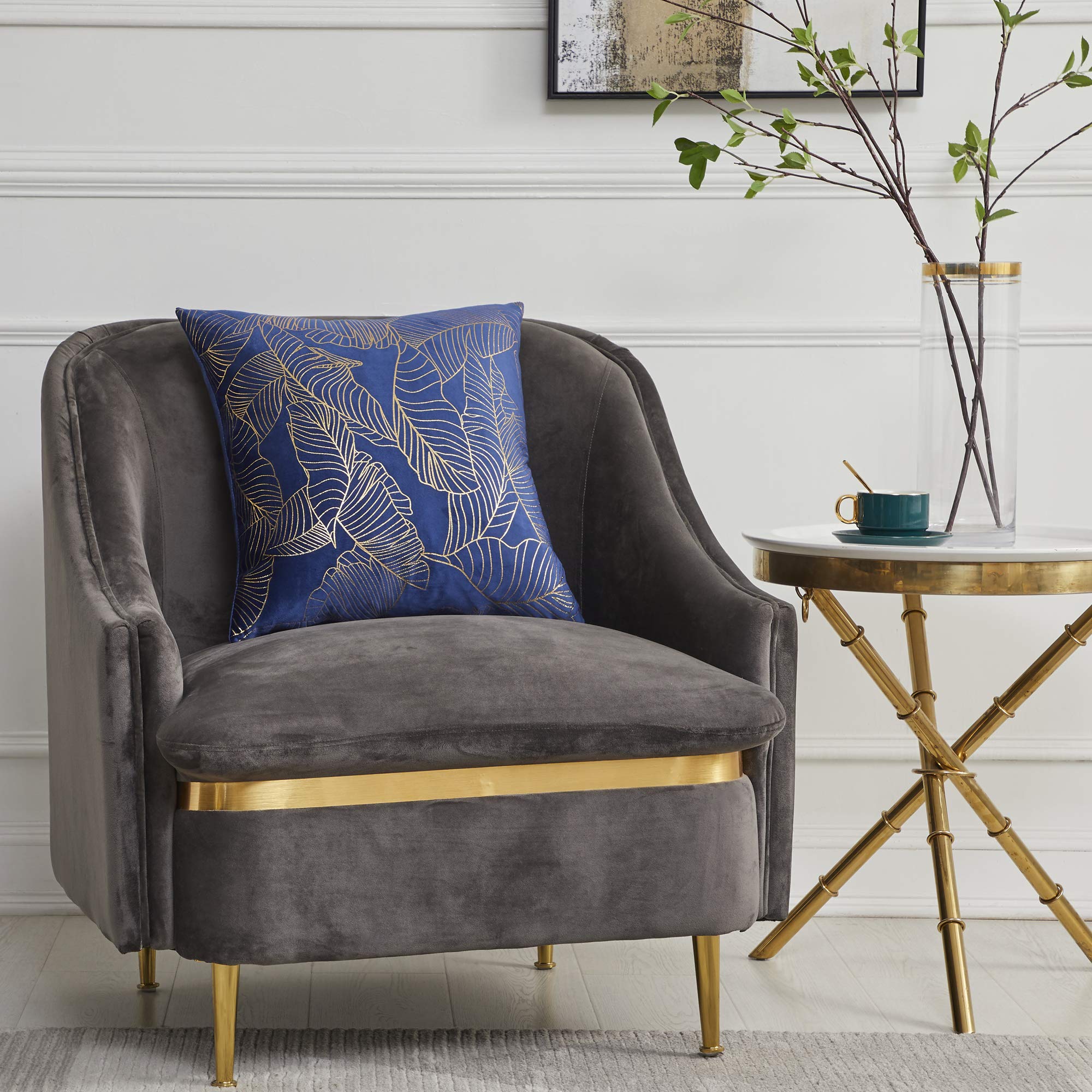 Premium Navy Velvet Throw Pillow Covers 20x20 Inches - Decorative Gold Leaf Design, Soft Couch Pillow Covers for Fall & Winter, Set of 2 - Perfect for Sofa, Bed, Living Room & Home Decor