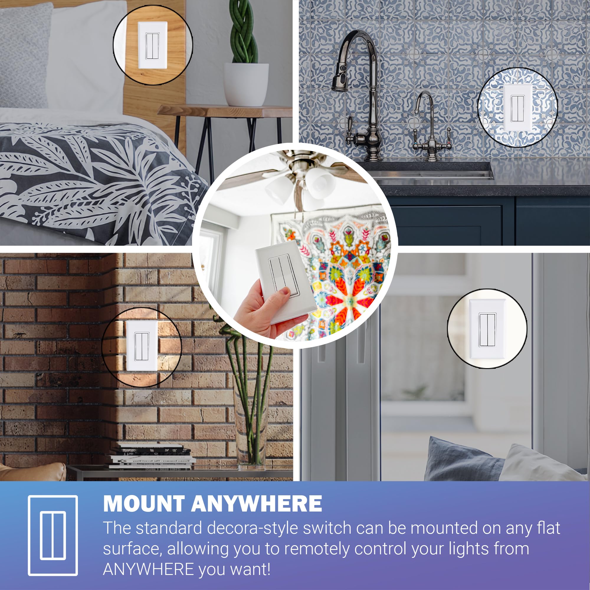 Self-Powered Wireless Switch & Receiver Kit - No Batteries Needed, 150+ft RF Range, No WiFi Required - for Ceiling Fans & Lights (Includes 2 Receivers & 1 Double Switch) - White - Perfect for Home Automation & Smart Lighting Control
