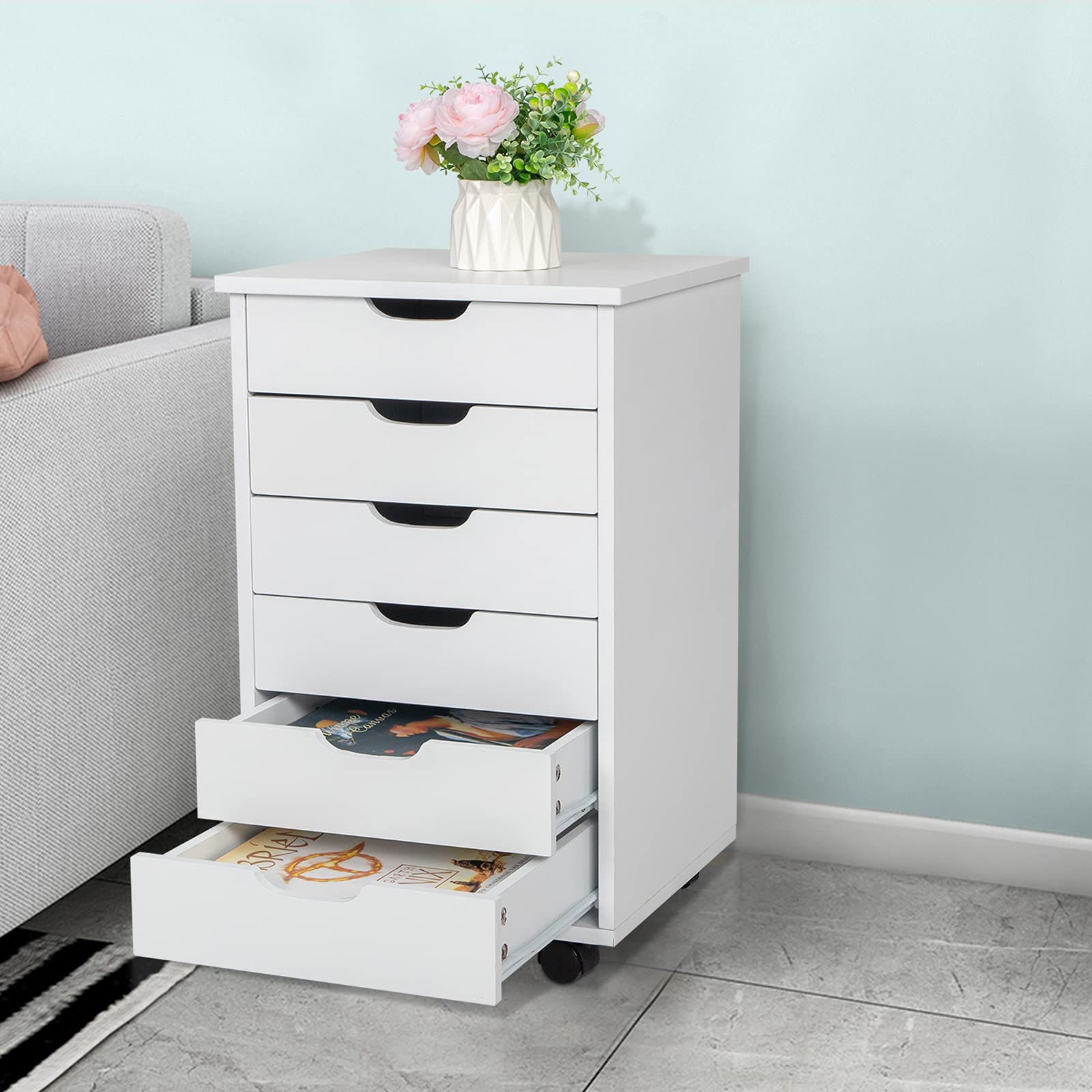 6-Drawer Wooden Filing Cabinet with Wheels - Mobile Storage Cabinet for Office, Closet & Home Organization - White Dresser Chest for Files, Documents & Supplies | Perfect for Small Spaces & Workspaces