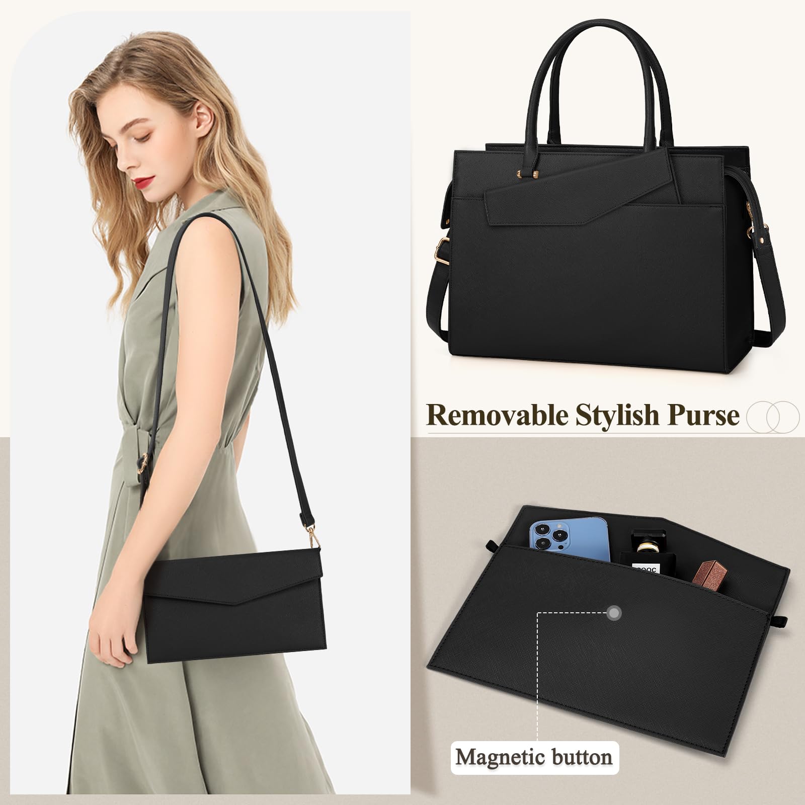 Stylish 15.6 Inch Leather Laptop Tote Bag for Women - Professional Work Bag with Matching Clutch Purse (2-Piece Set) - Perfect for Office, Business Travel, Teaching & Daily Commute - Black