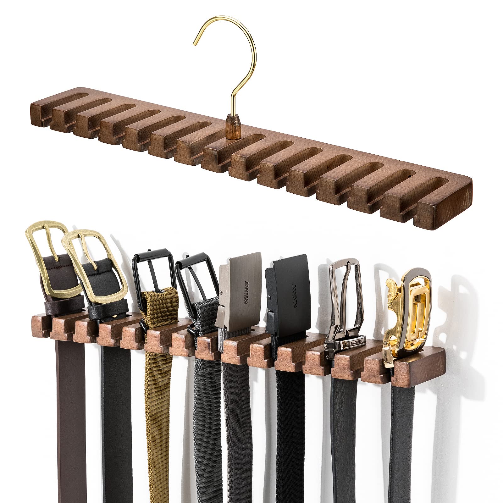 Sturdy Wooden Belt Rack Organizer - Wall Mount Closet Hanger Holds 14 Belts (2 Pack, Walnut) | Space Saving Belt Holder for Closet Door & Wall Storage | Perfect for Bedroom, Walk-in Closet & Dorm Organization