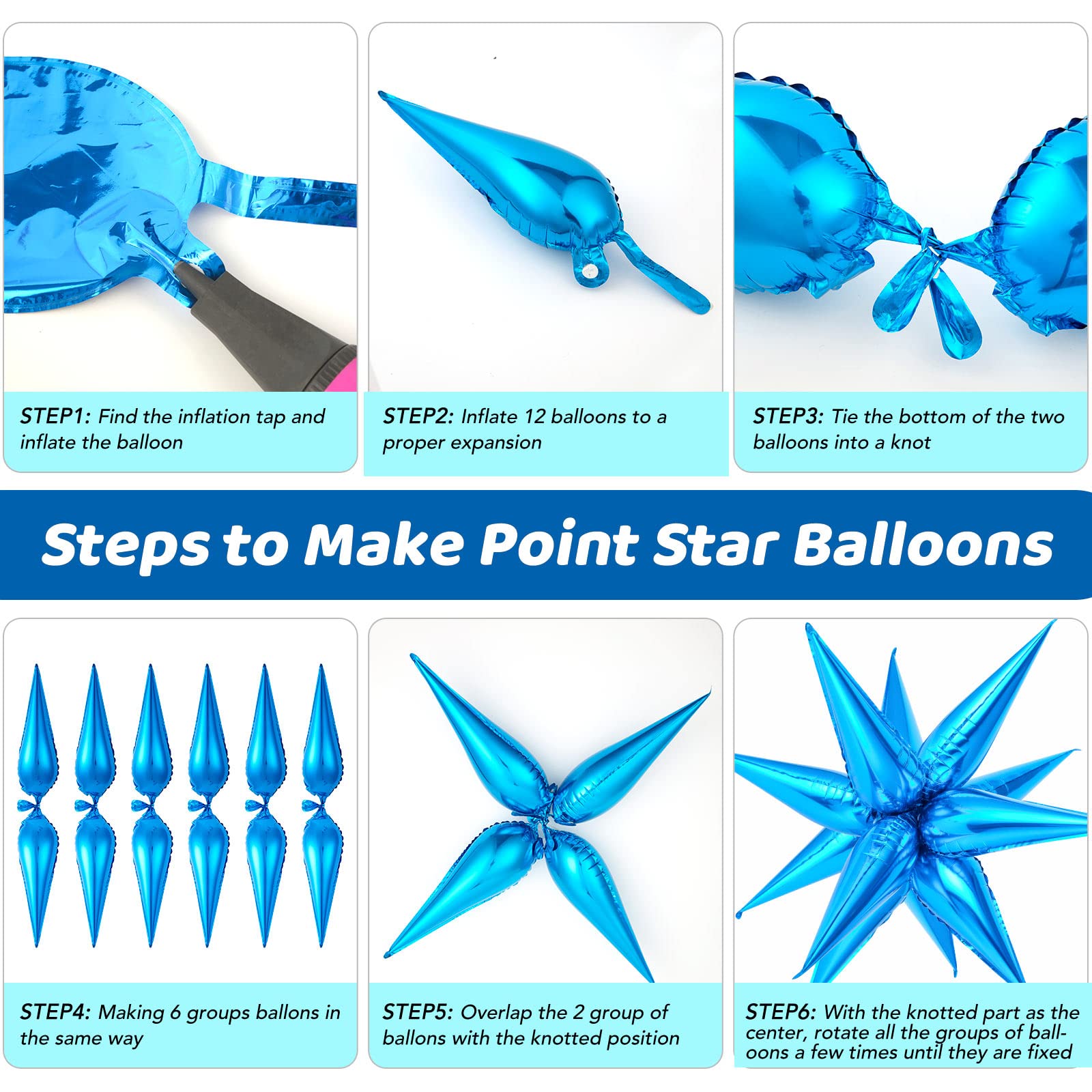 72-Piece Blue Star Balloons - 26 Inch Blue Foil Cone Balloons for Birthday & Baby Shower Decorations | Explosion Starburst Mylar Balloons with 12-Point Star Design - Perfect for Party Backdrops, Ceiling Decor, and Photo Booth Props