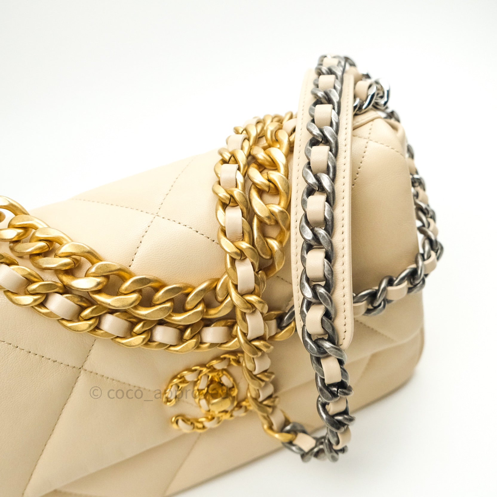 Chanel 19 Small Beige Goatskin Leather Bag with Mixed Gold & Silver Hardware - Luxury Designer Handbag for Women, Perfect for Everyday Use & Special Occasions