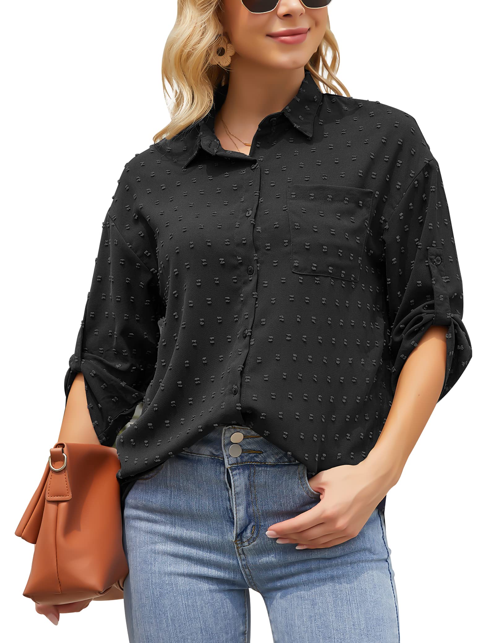 Leereya Women's Summer 3/4 Sleeve Chiffon Blouse - Black Swiss Dot Button Down Shirt with Collar & Pocket for Casual Office Wear | Perfect for Work, Business Meetings & Summer Outfits