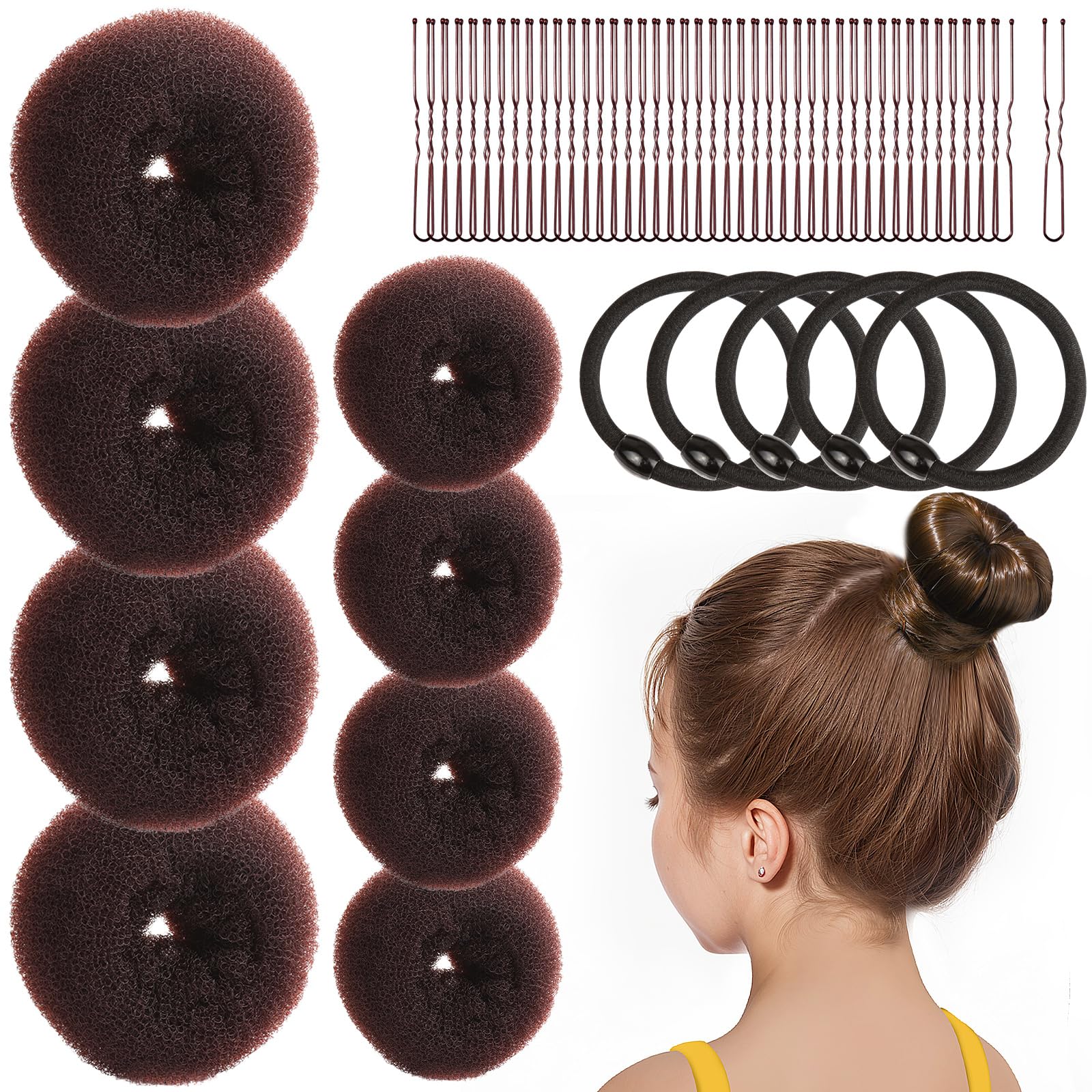 FANDAMEI 4PCS Kids Hair Bun Maker Set - Small Donut Bun Maker for Ballet with Extra Small Hair Buns, Elastic Hair Ties & Pins (Brown) - Perfect for Dance Recitals, School Hairstyles & Everyday Wear