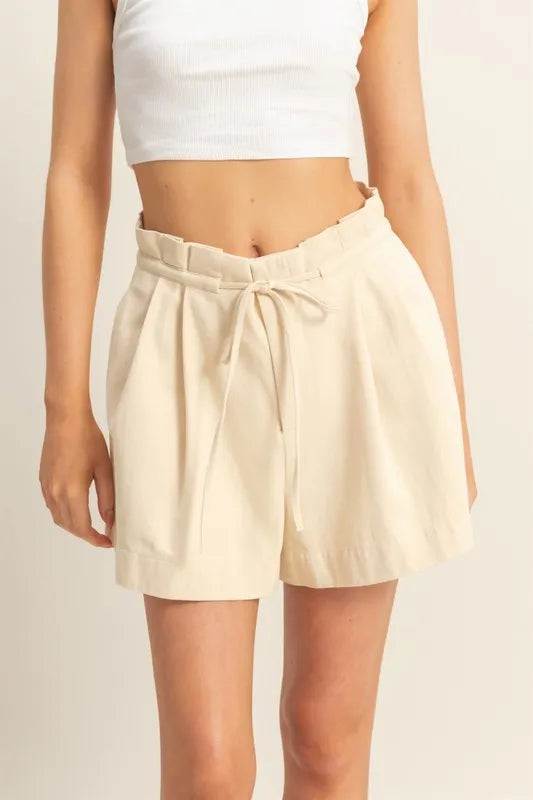 Beachy High Waisted Washed Twill Paperbag Shorts for Women - Summer Casual Shorts for Beach, Vacation & Everyday Wear