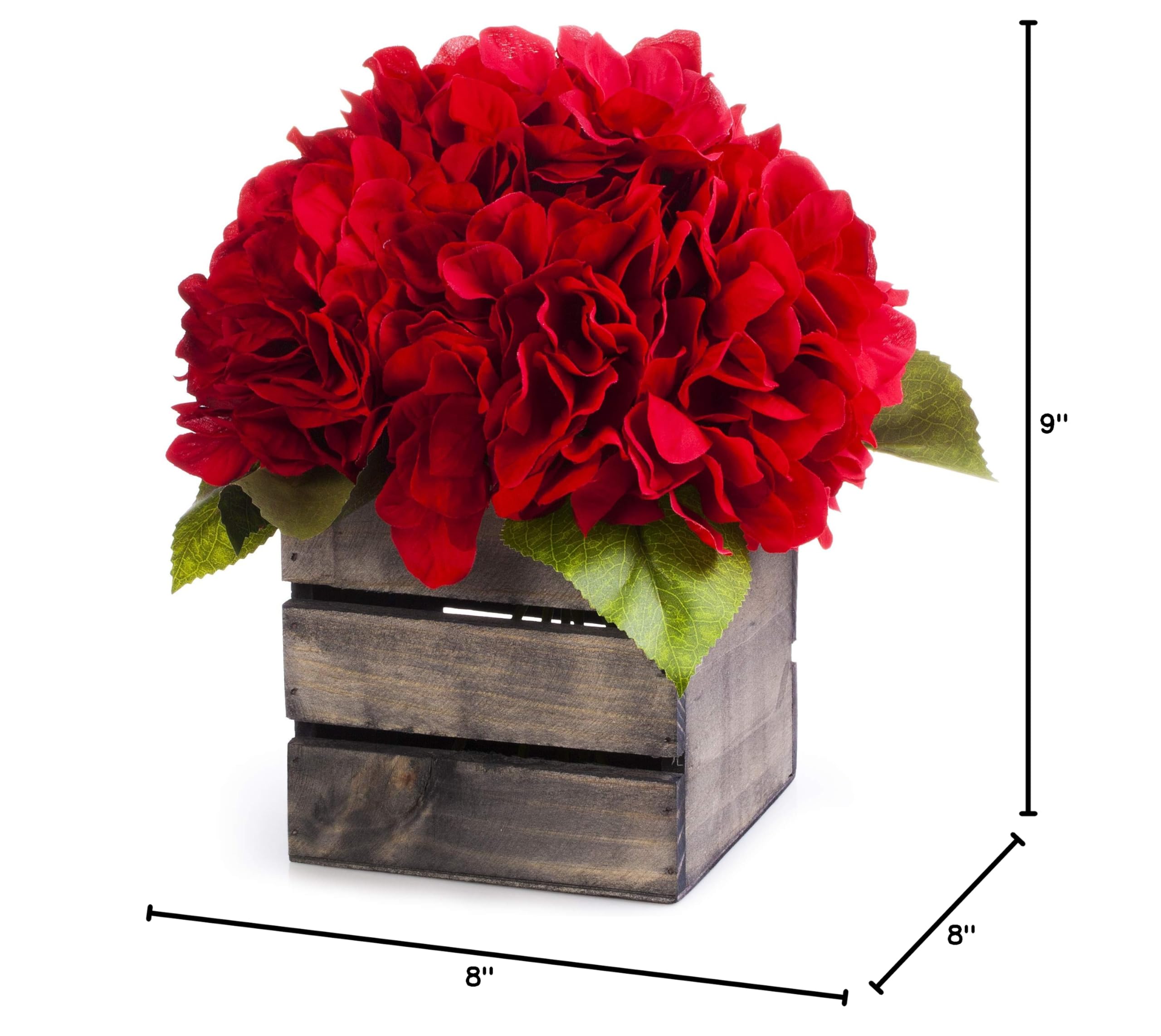 ENOVA HOME Artificial Hydrangea Silk Flowers in Wood Planter - Red Floral Arrangement for Home Decor, Wedding Centerpieces, Table Decorations & Party Decor