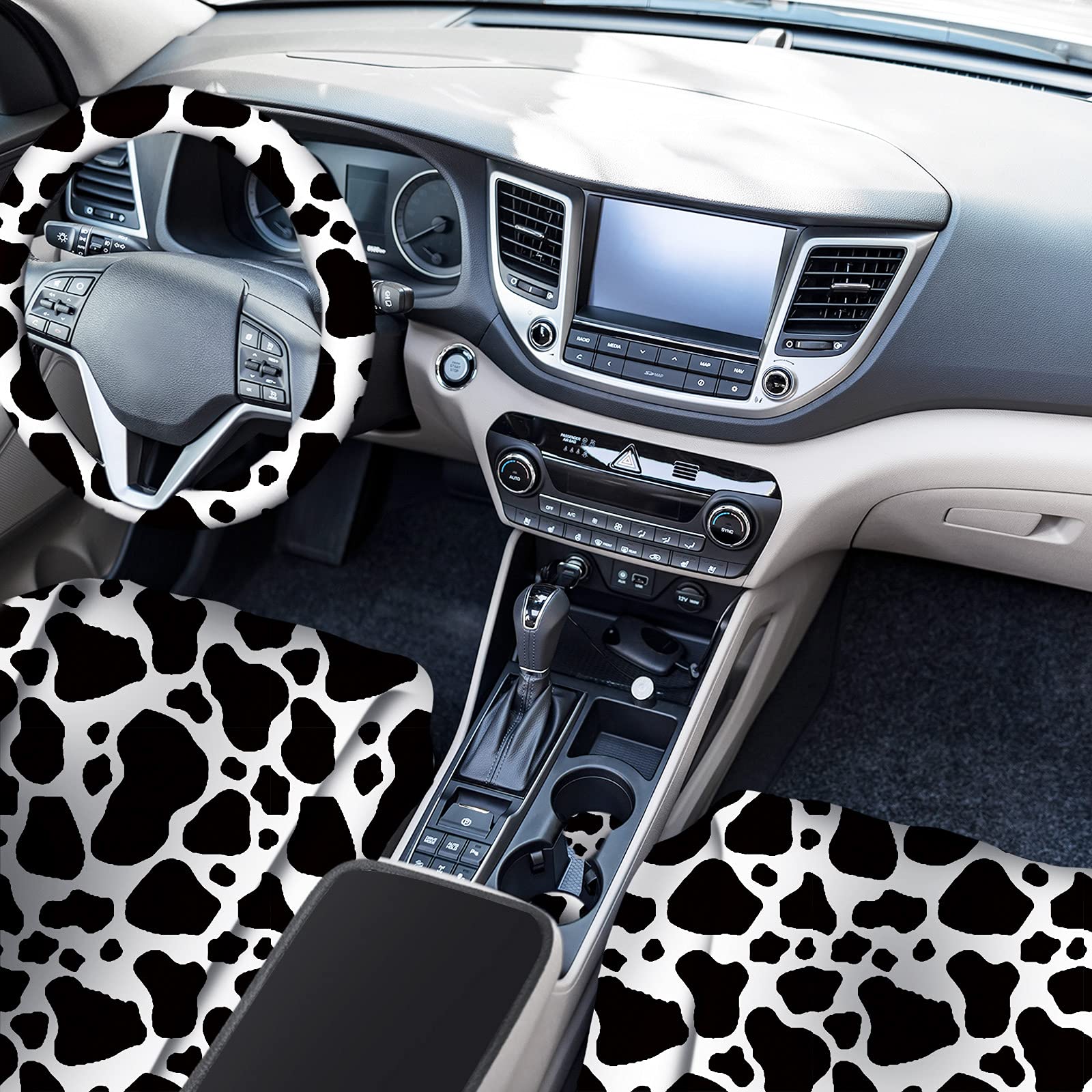 Cow Print Car Accessories Set - Stylish Car Seat Cover, Steering Wheel Cover, Cup Holders & Keyring for Women & Men - Fits Most Cars & SUVs (Black & White Cow Pattern) - Perfect for Road Trips, Daily Commutes & Car Enthusiasts