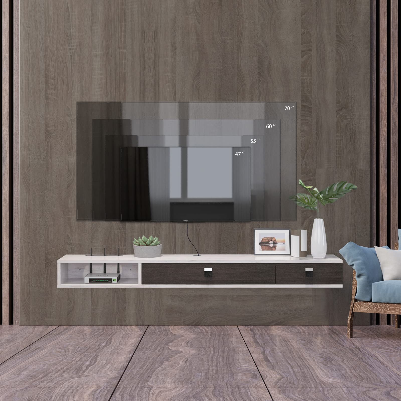 Floating TV Stand for 55-60 Inch TVs - Wall Mounted Media Console with 2 Doors, Greyish-White - Perfect for Living Room, Bedroom & Home Theater Entertainment Centers