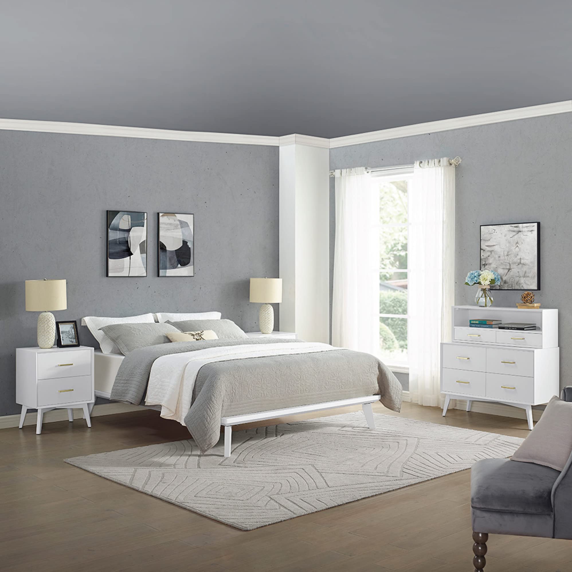 White Full Size Metro Wood Platform Bed Frame - Modern Minimalist Bedroom Furniture for Small Spaces & Apartments