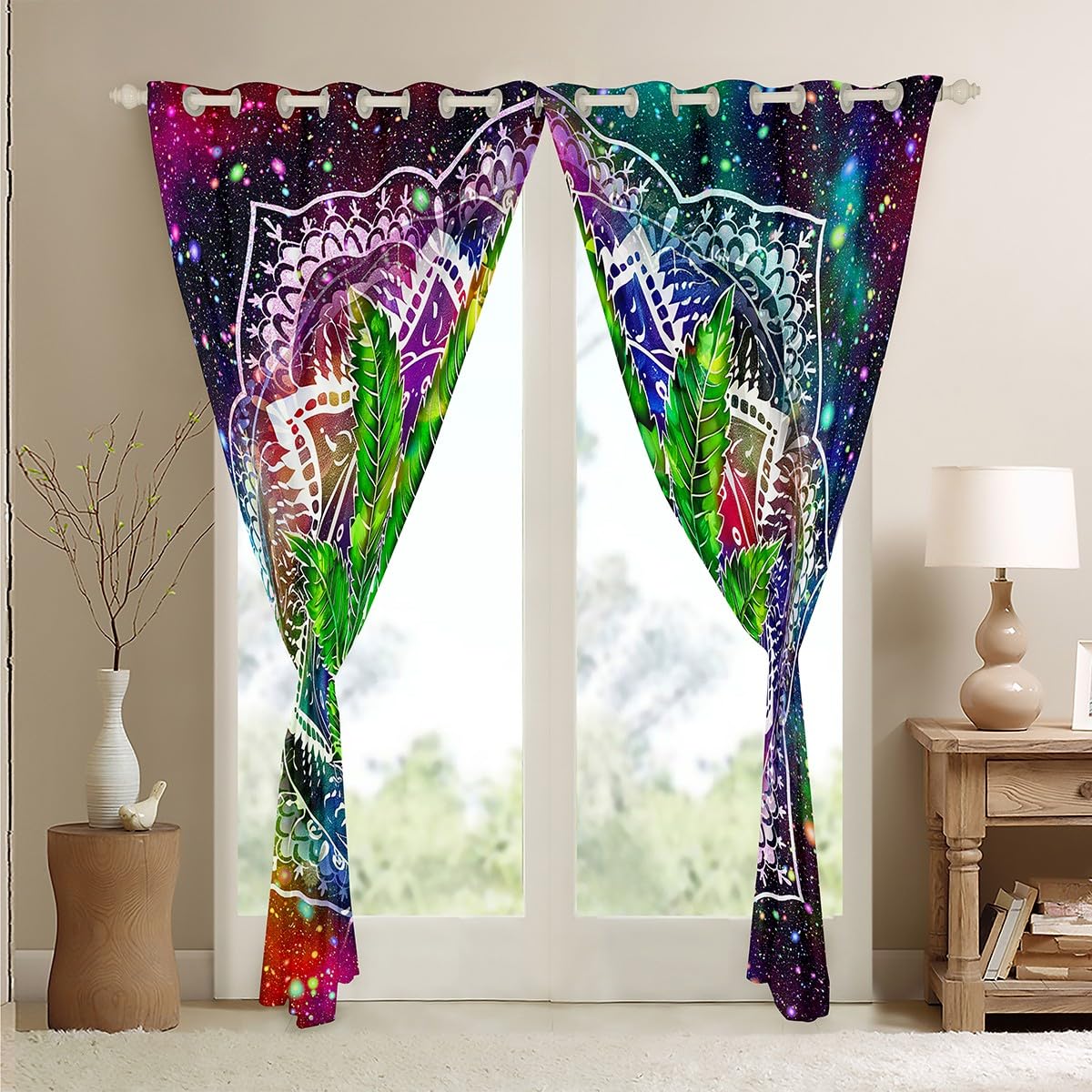 Feelyou Blackout Curtains for Kids - Green Marijuana Leaf & Boho Mandala Design, 30%-50% Light Blocking, 2 Panels (52x96 Inch) - Perfect for Bedroom, Nursery, or Dorm Room Window Treatments