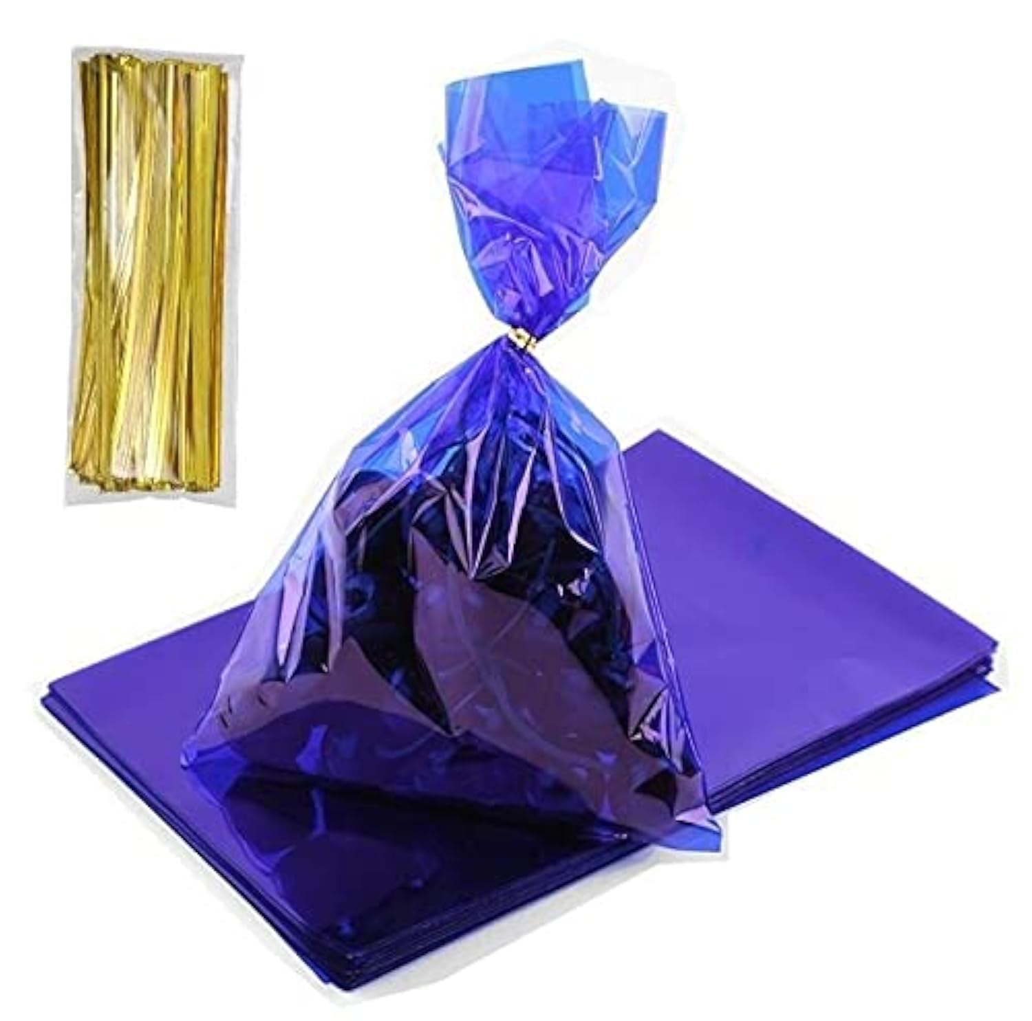 100pcs Blue Cellophane Bags with Twist Ties - Transparent Bakery Bags for Cookies, Sweets, Candies & Desserts | Perfect for Gift Wrapping, Party Favors & Food Packaging