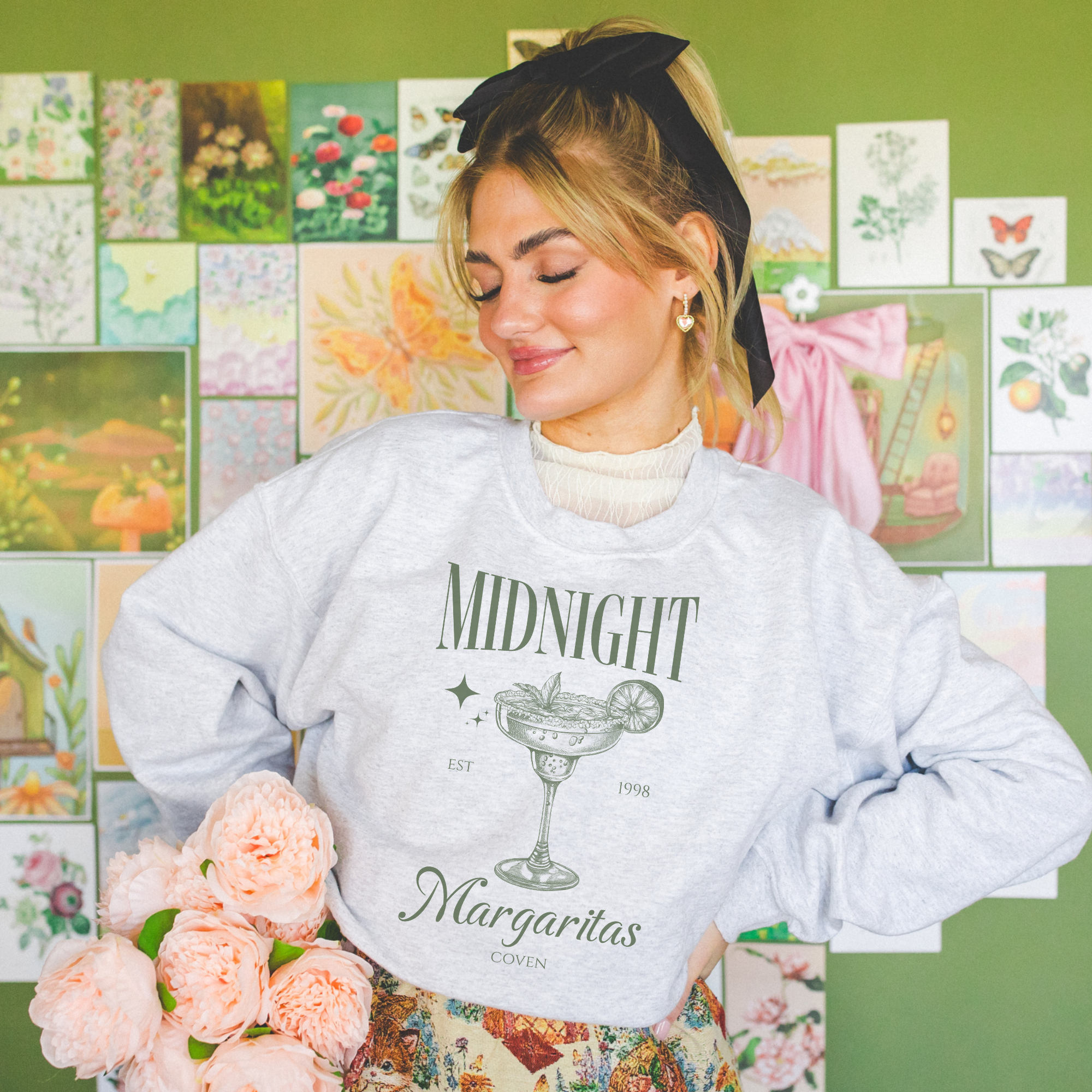 Midnight Margaritas Coven Crewneck Sweatshirt | Women's Casual Pullover | Perfect for Halloween Parties & Witchy Aesthetic Outfits