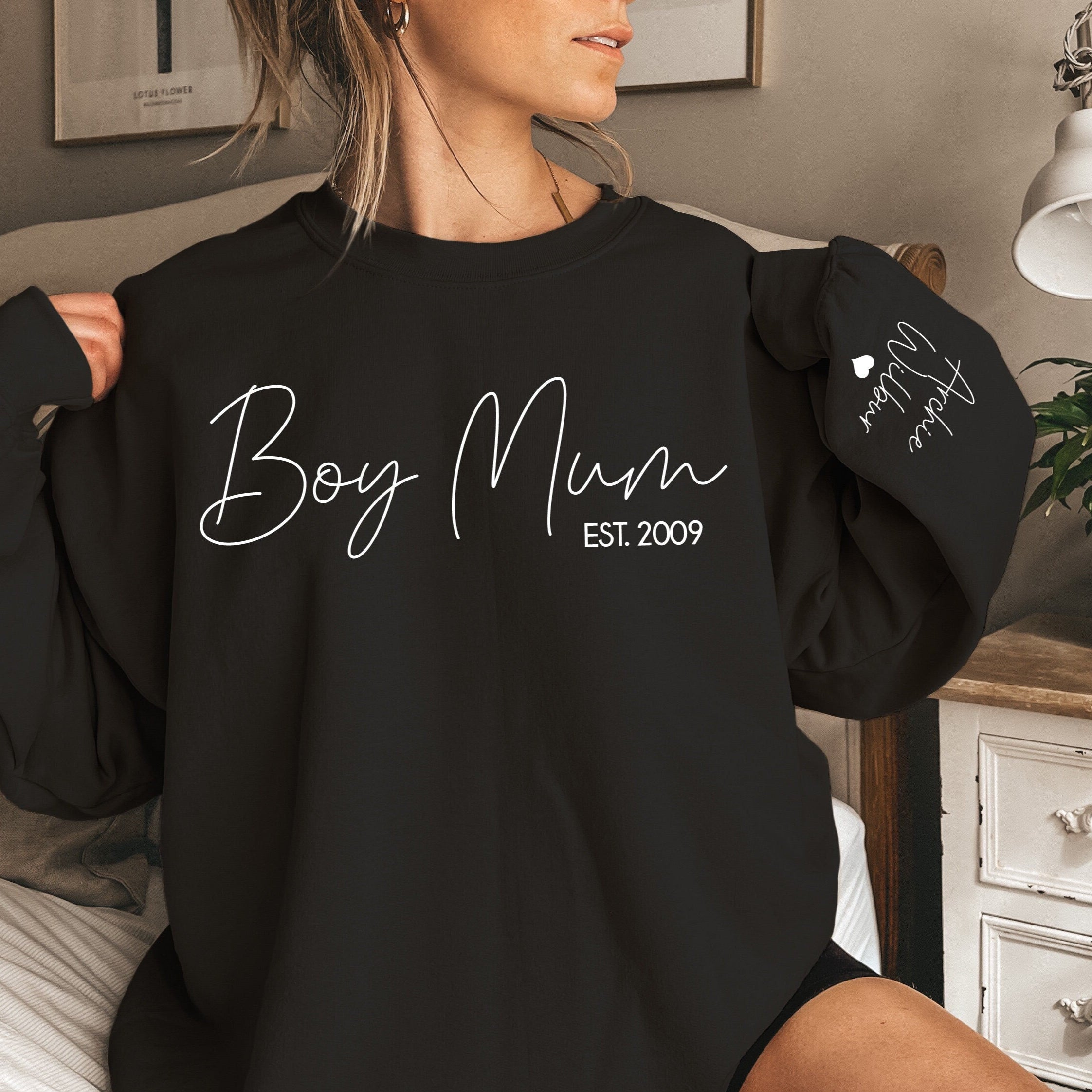 Custom Boy Mum Jumper with Date & Name on Sleeve - Personalized Knit Sweater for Mother-Son Matching Outfits & Family Photo Shoots