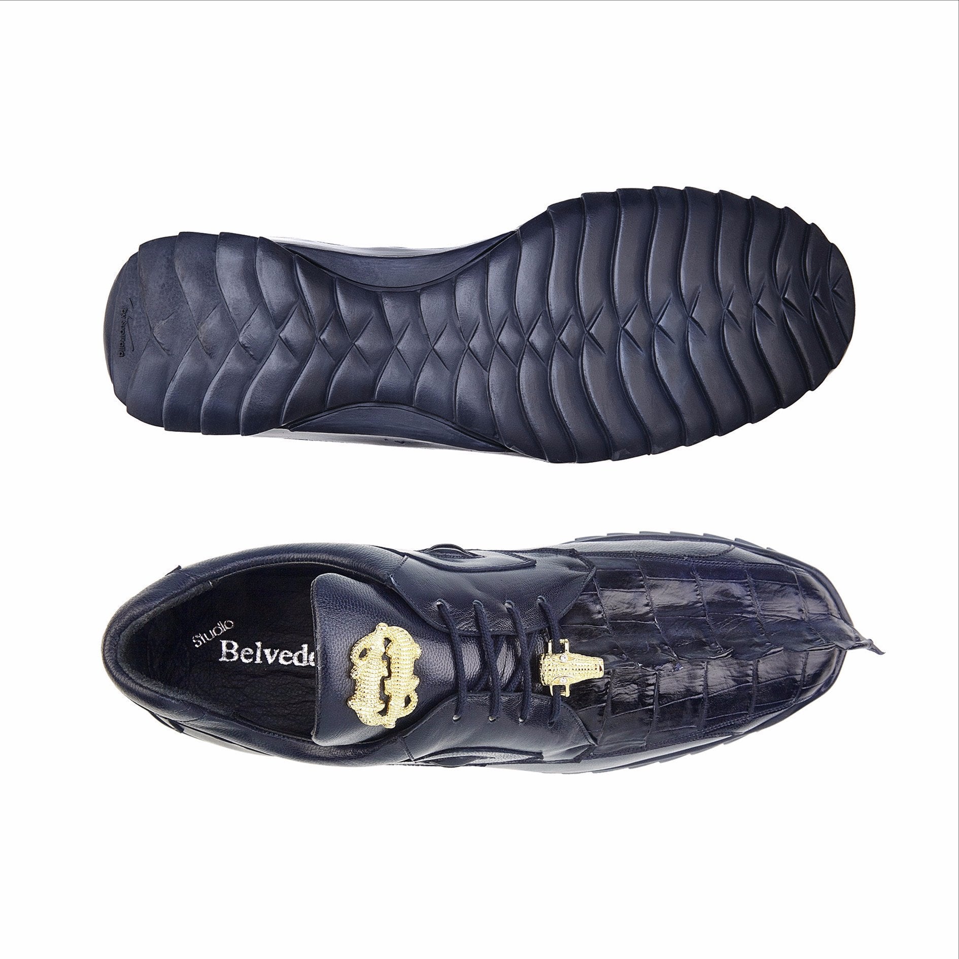 Belvedere Vasco Genuine Hornback Crocodile & Soft Calf Leather Sneakers - Navy Blue 336122 | Luxury Men's Dress Shoes for Business & Formal Occasions