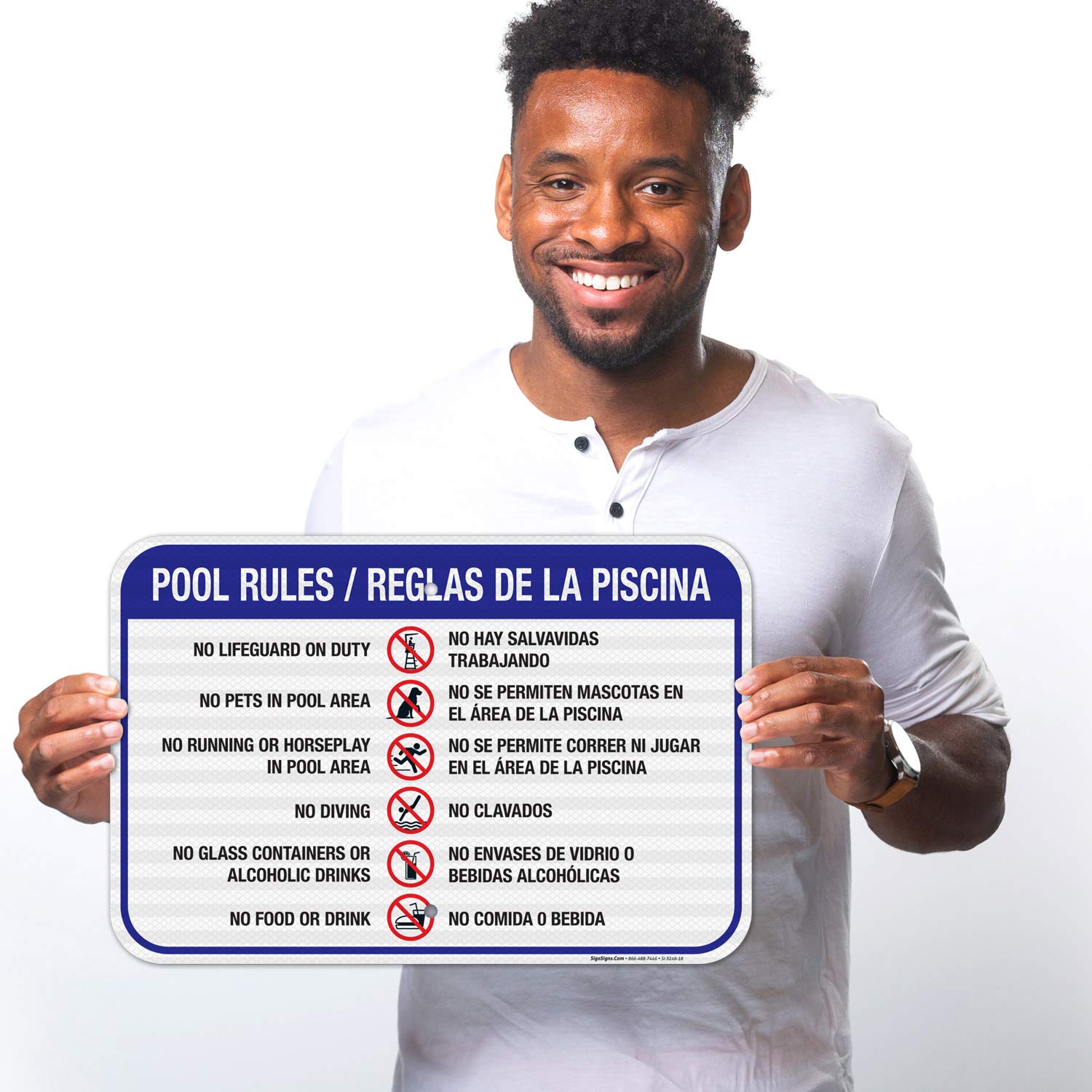 Pool Rules Sign Bilingual Spanish English - 12x18 Inches Reflective Aluminum for Safety - Fade Resistant Indoor/Outdoor Sign Made in USA - Perfect for Residential & Commercial Pools, Spas, and Water Parks