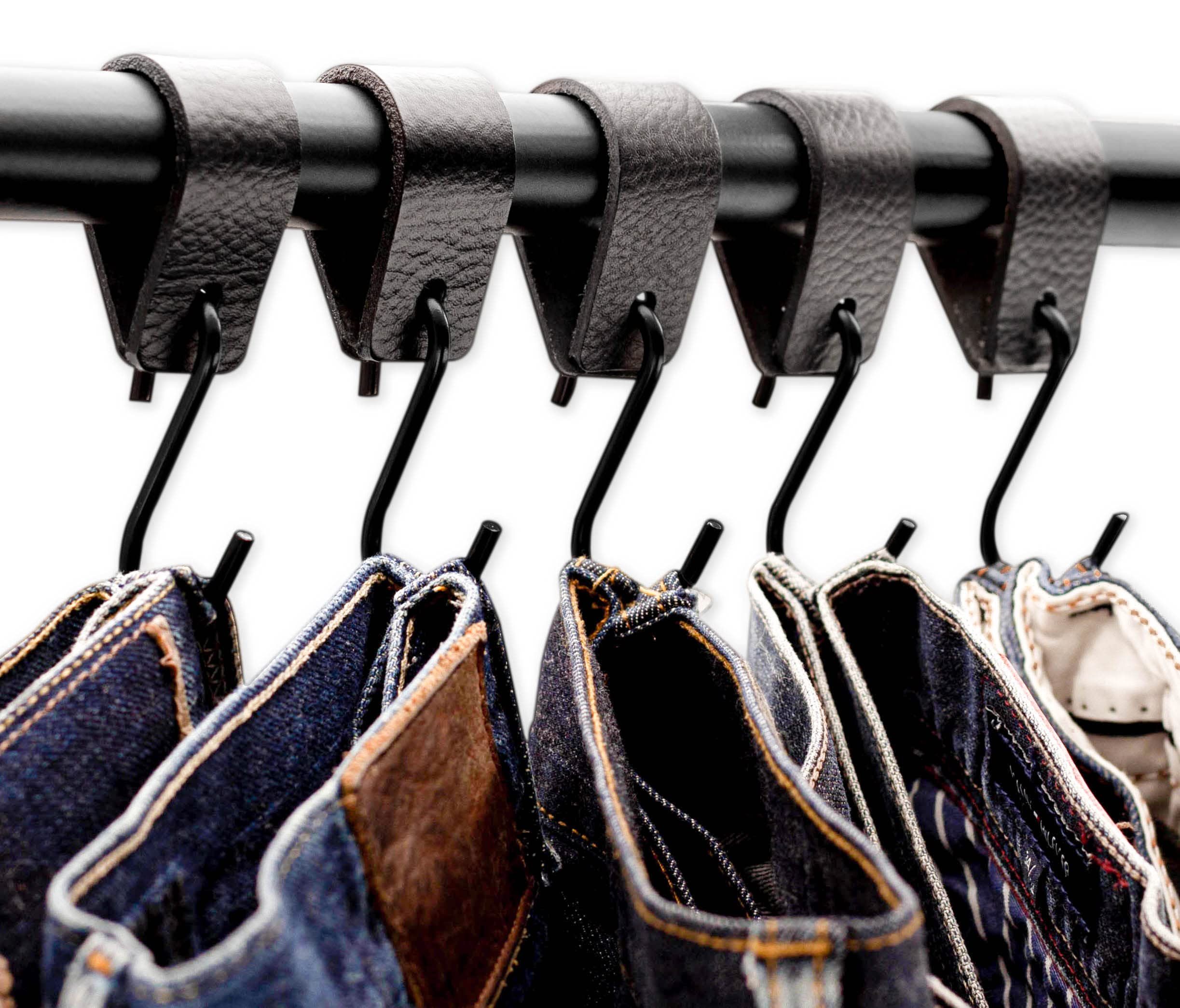 Brute Strength Multifunctional Leather S-Hooks - Heavy Duty Black S-Shaped Hooks for Coats, Kitchen, Garage & Home Organization (Set of 4) - Durable Leather Hanging Hooks for Wall, Door & Closet Storage