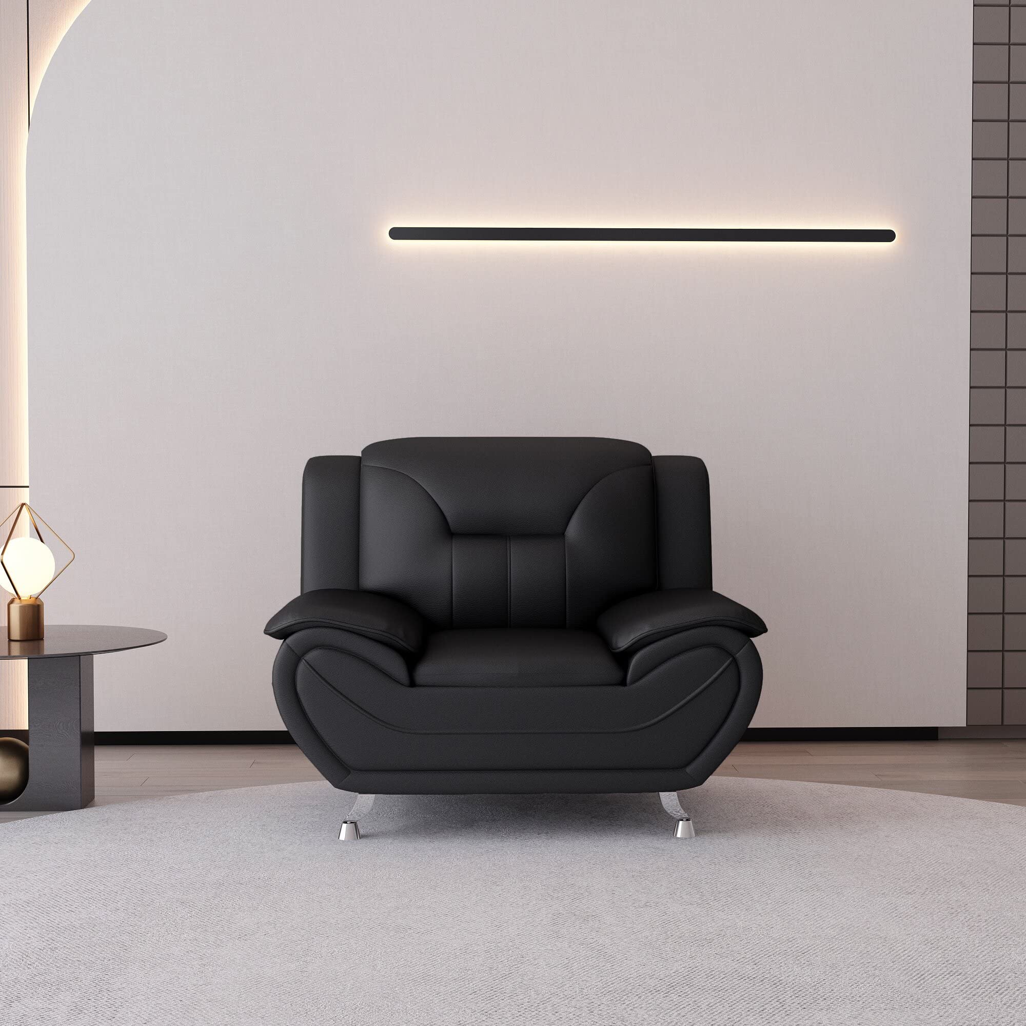 Michael Modern Faux Leather Upholstered Stainless Steel Legs Accent Chair - Midnight Black - Stylish Living Room Seating for Home Office & Lounge