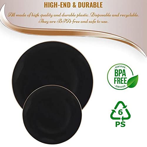 Eco-Friendly Disposable Plastic Plates with Elegant Rim Design - Bulk Round Dinnerware Set for Wedding, Birthday Party & Special Events (Black & Gold, 120-Piece Combo) - Perfect for Catering, Picnics & Outdoor Gatherings