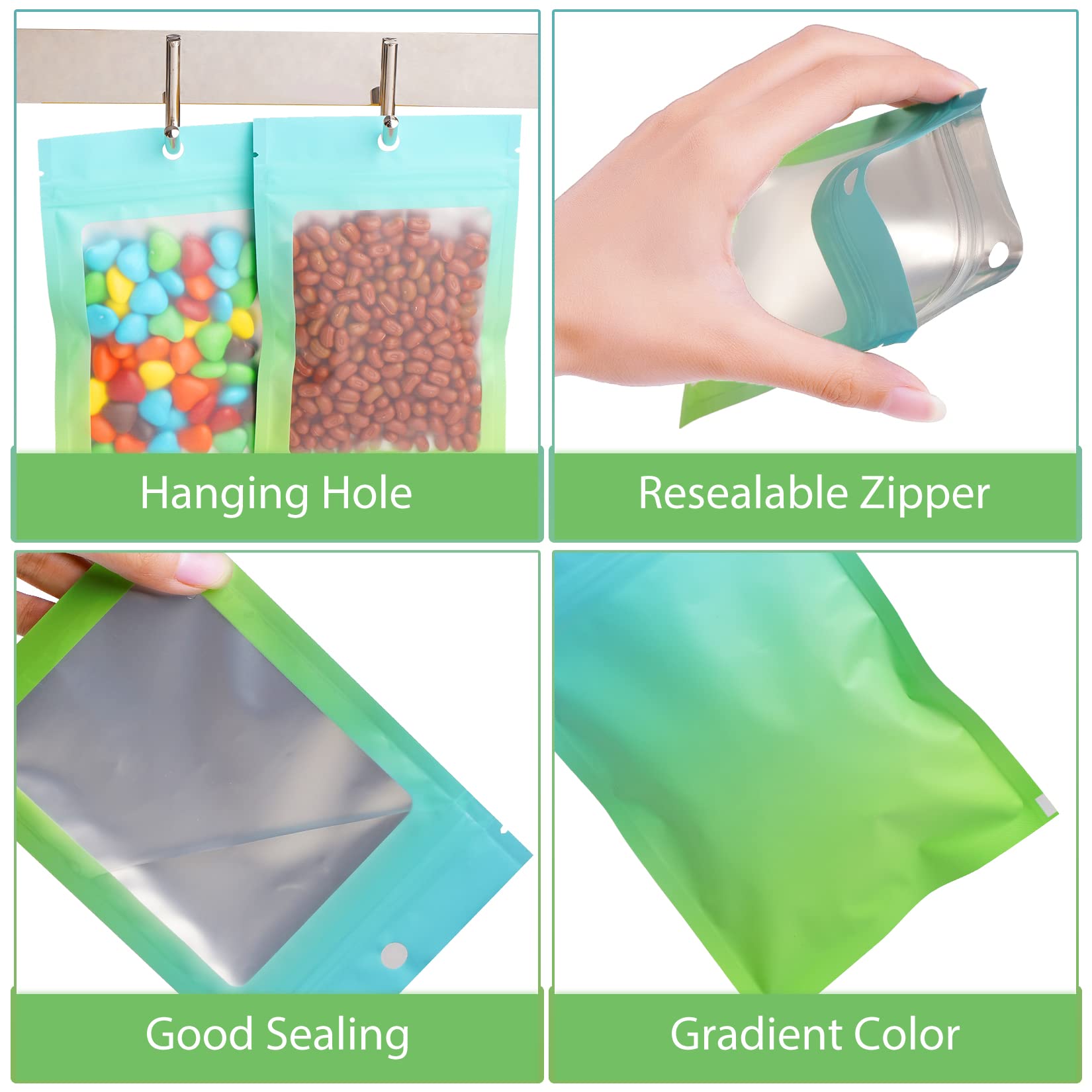 Funfery 100 Pack Resealable Smell Proof Food Storage Bags - 4x6 Inch Clear Mylar Zipper Pouch for Jewelry, Eyelash, Gloss Samples (Blue Green) | Ideal for Small Business Packaging & Organizing
