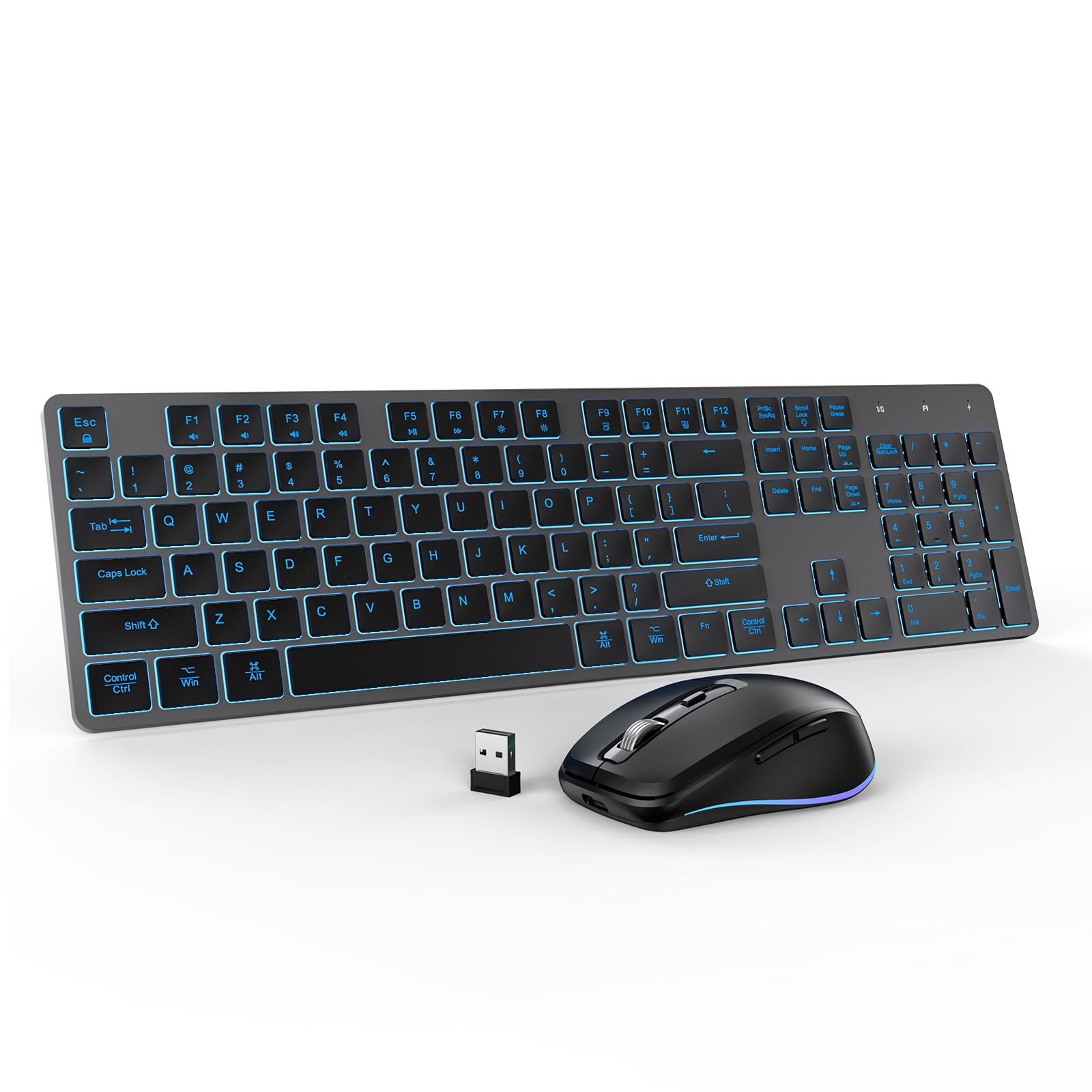 Rechargeable Wireless Keyboard and Mouse Combo - Slim Silent Full-Size 2.4G USB with 7-Color Backlit for Windows Mac iMac MacBook Laptop PC (Gray) - Perfect for Office Work, Gaming & Home Computing