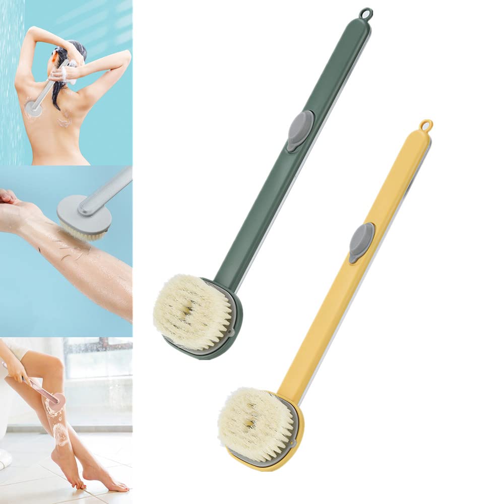 Long Handle Detachable Bath Brush with Soap Dispenser - Exfoliating Body Scrubber & Back Massager for Shower - Green & Yellow (Ideal for Deep Cleansing, Relaxing Muscle Tension & Hard-to-Reach Areas)