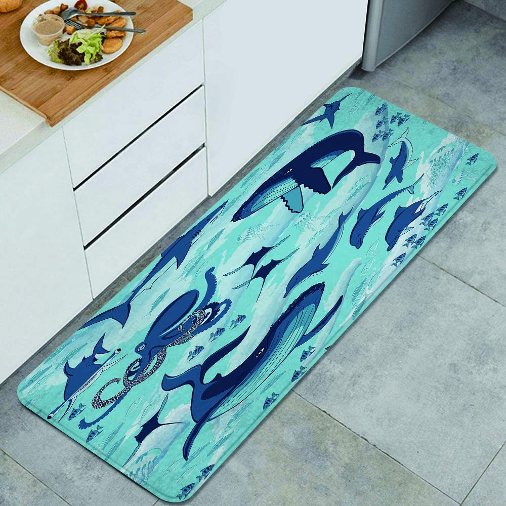 **LONSANT Anti-Fatigue Kitchen Mat - Non-Slip Cushioned Rug with Ocean Waves, Dolphins, Sharks, Whales & Octopus Design - Comfortable Standing Mat for Kitchen, Bathroom, Office, Laundry & Sink Areas - Perfect for Home, Work & High-Traffic Floors**