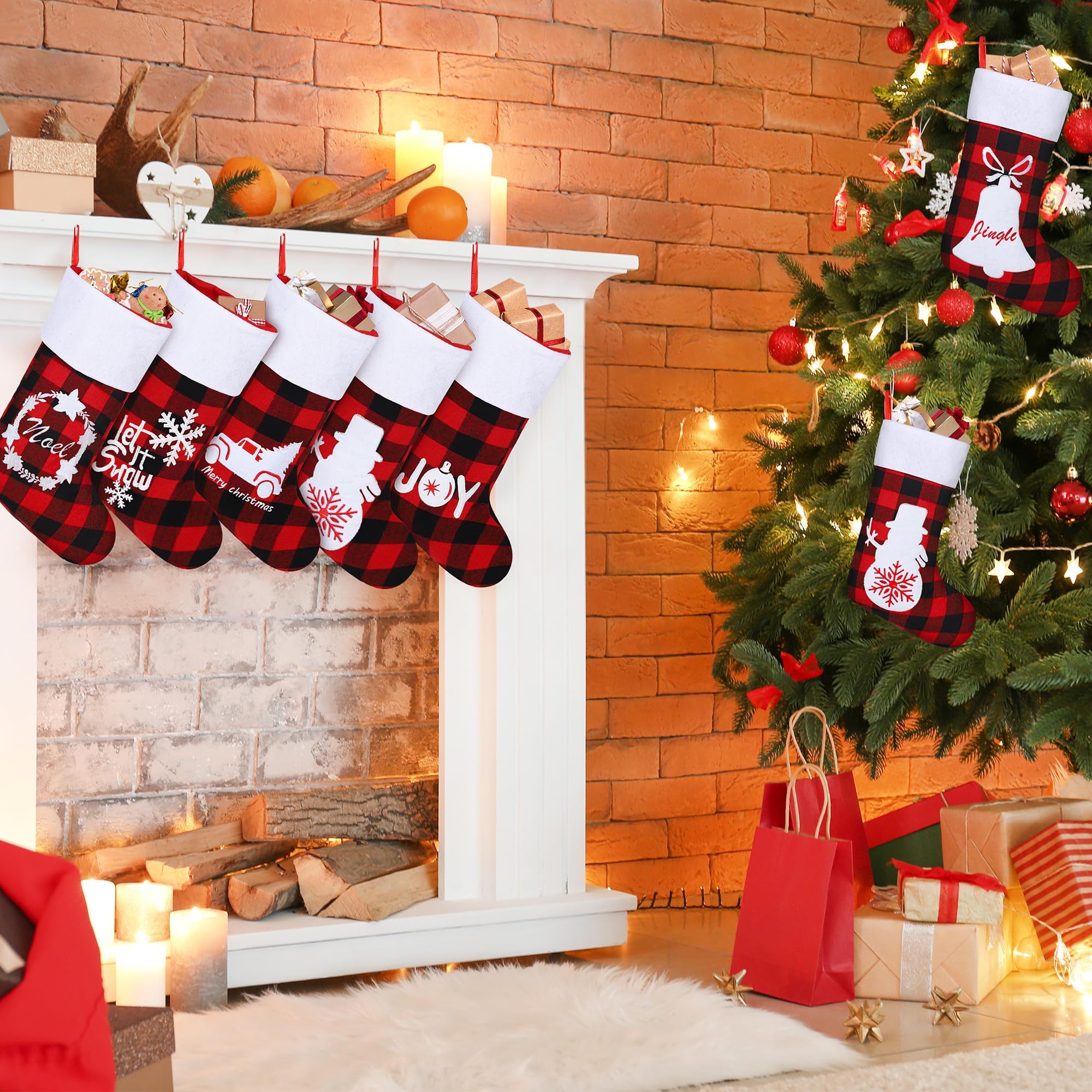 16 Pack Red & Black Buffalo Plaid Christmas Stockings - 18 Inch Felt Stockings with Santa, Snowman & Reindeer Patterns - Holiday Fireplace Hanging Decor for Xmas Party, Home, and Office Decorations