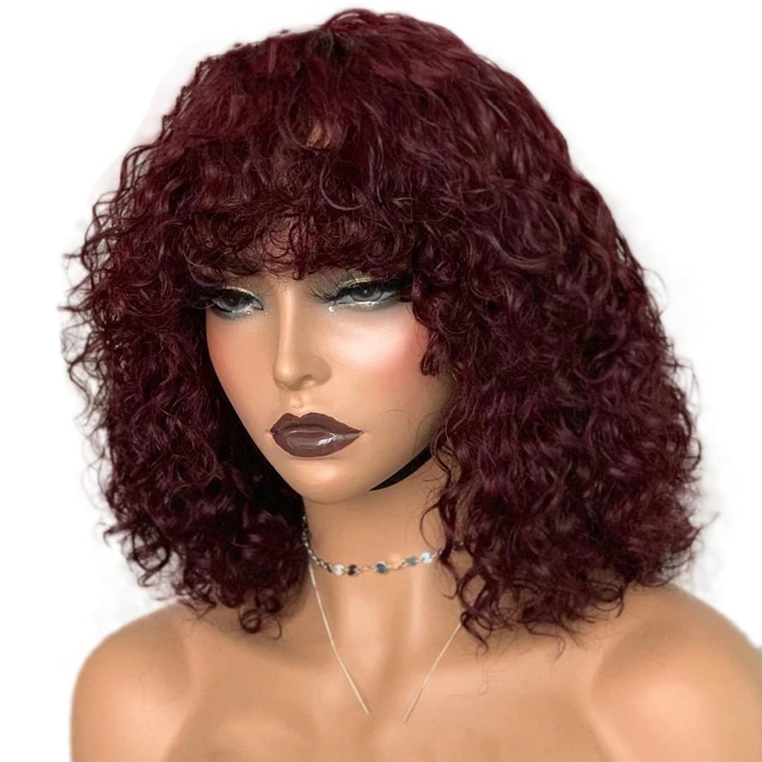 12-inch Short Curly Bob Wigs with Bangs for Black Women - 100% Human Hair Red Wig | 200g/piece 180 Density Afro Kinky Curly Hair | Glueless Lace Front Wig in Burgundy Color | Perfect for Cosplay, Daily Wear & Special Occasions