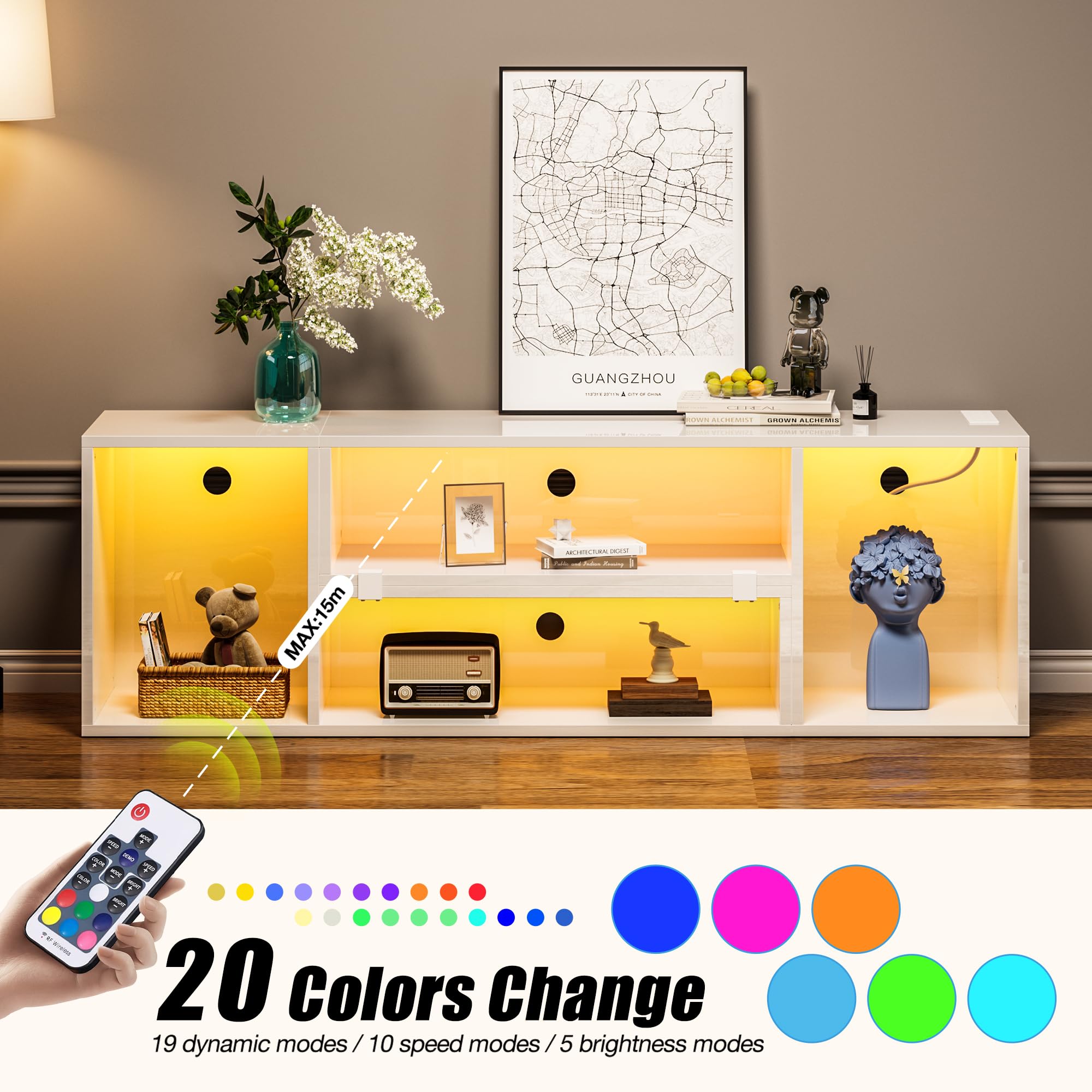 Rolanstar Modern TV Stand with LED Lights & Power Outlets - Adjustable Entertainment Center for 45-70 Inch TVs, 2-Piece Media Console Cabinet (Glossy White) - Perfect for Living Room, Gaming Setup & Home Theater Systems