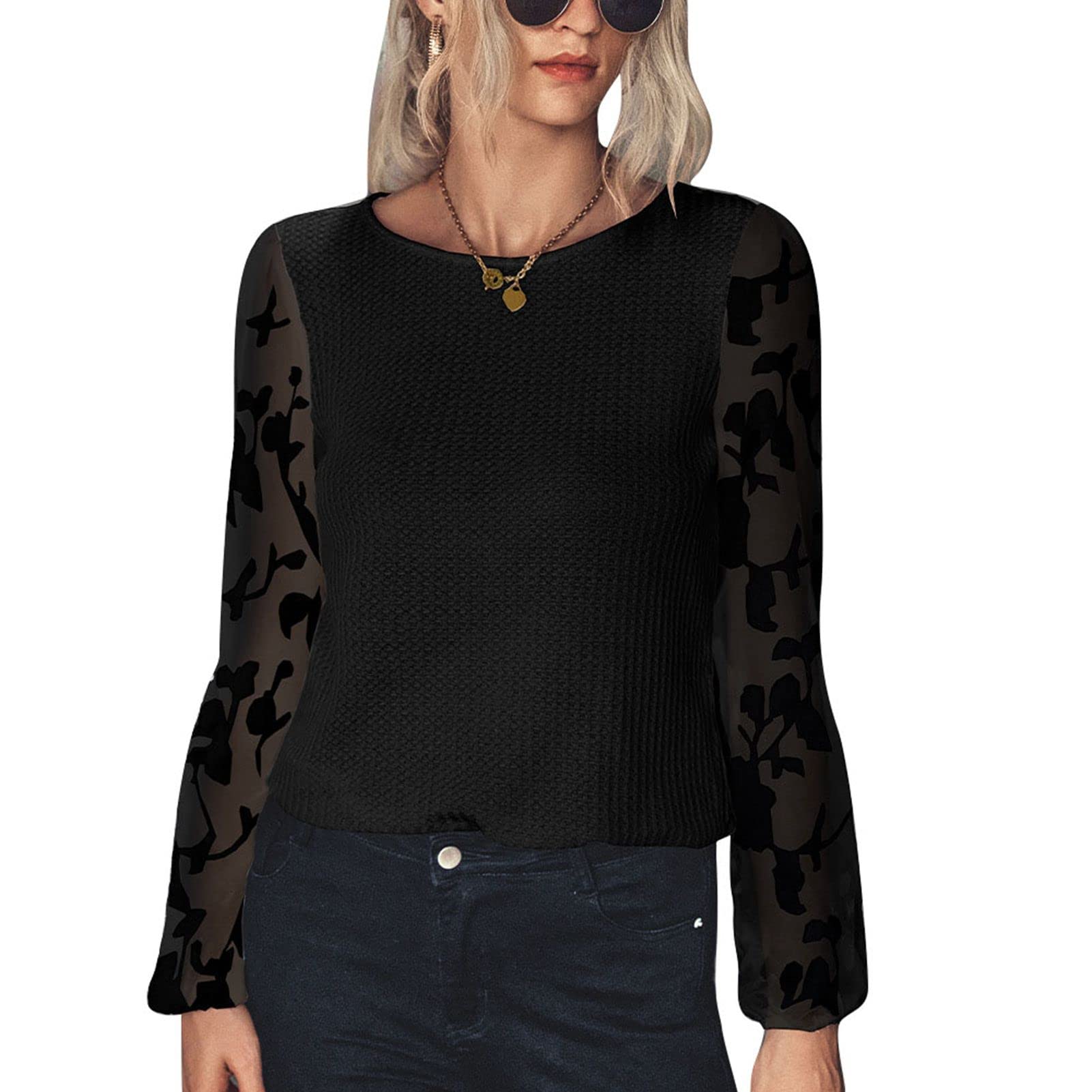 Estink Women's Loose Fit Round Neck Long Sleeve T-Shirt with Puff Sleeves & Mesh Detailing - Casual Blouse for Work, Date Night & Everyday Wear
