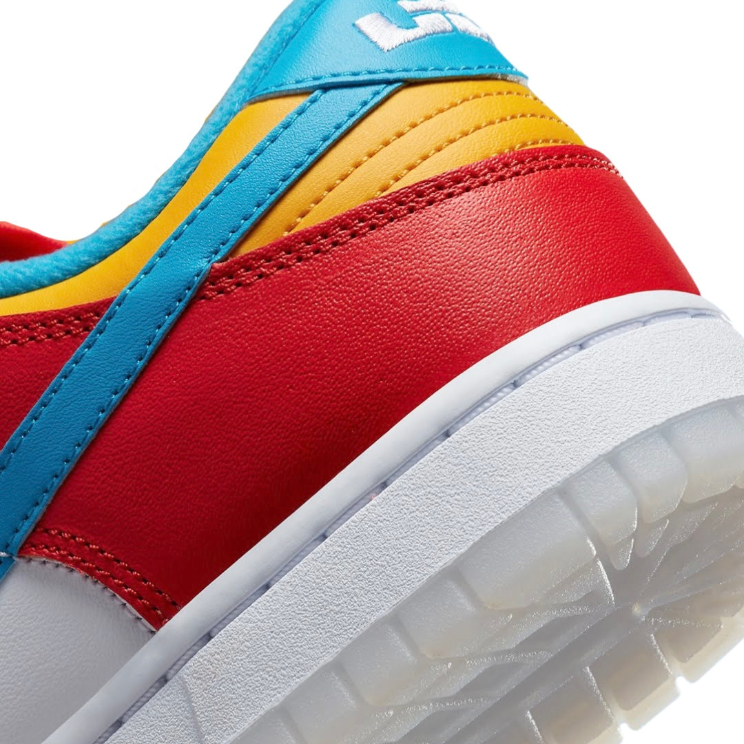 Nike Dunk Low x LeBron James Fruity Pebbles Sneakers - Habanero Red, Laser Blue & White Colorway - Perfect for Basketball, Streetwear & Sneaker Collectors